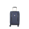 The VICTORINOX Werks 6.0 Frequent Flyer Carry-on in blue is equipped with four wheels, a telescopic handle, a silver logo, a zippered pocket, and an integrated USB port. It stands upright against a plain white background.