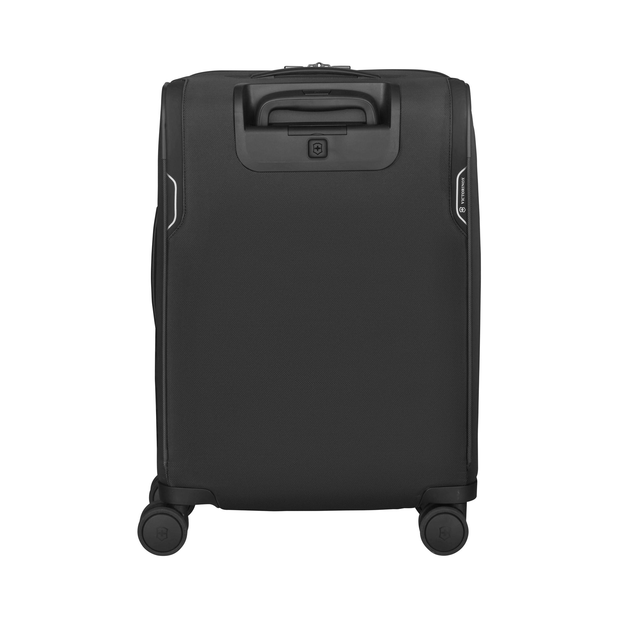 The Victorinox Werks 6.0 Frequent Flyer Plus Carry-on by VICTORINOX is a sleek black suitcase featuring durable nylon, dual caster wheels, a retractable handle, subtle accents near the handle, and a TSA lock for secure travel.