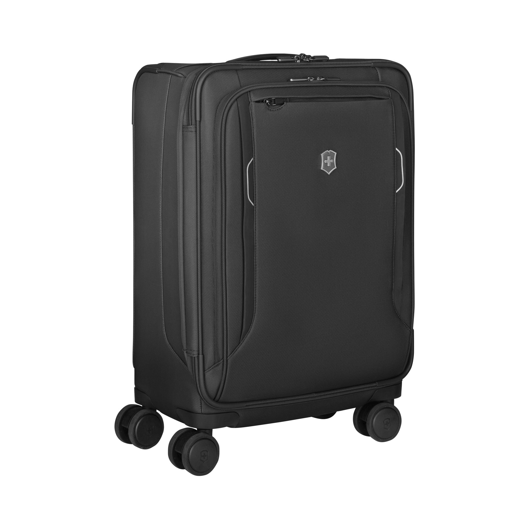 The Victorinox Werks 6.0 Frequent Flyer Plus Carry-on in black is showcased against a white background, featuring dual caster wheels, a front zipper pocket, and a sleek design with a small emblem for stylish and smooth travel.