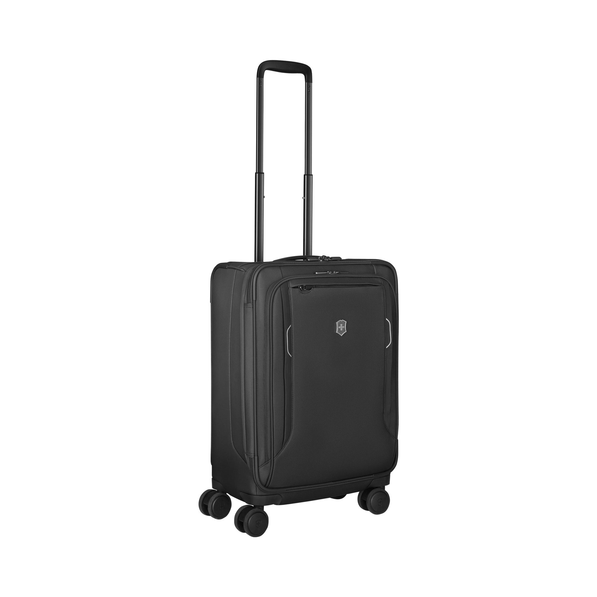 The Victorinox Werks 6.0 Frequent Flyer Plus Carry-on by VICTORINOX is a sleek black nylon suitcase with dual caster wheels, a retractable handle, front zippered pocket, TSA lock, and central logo. Its design is modern and minimalist.