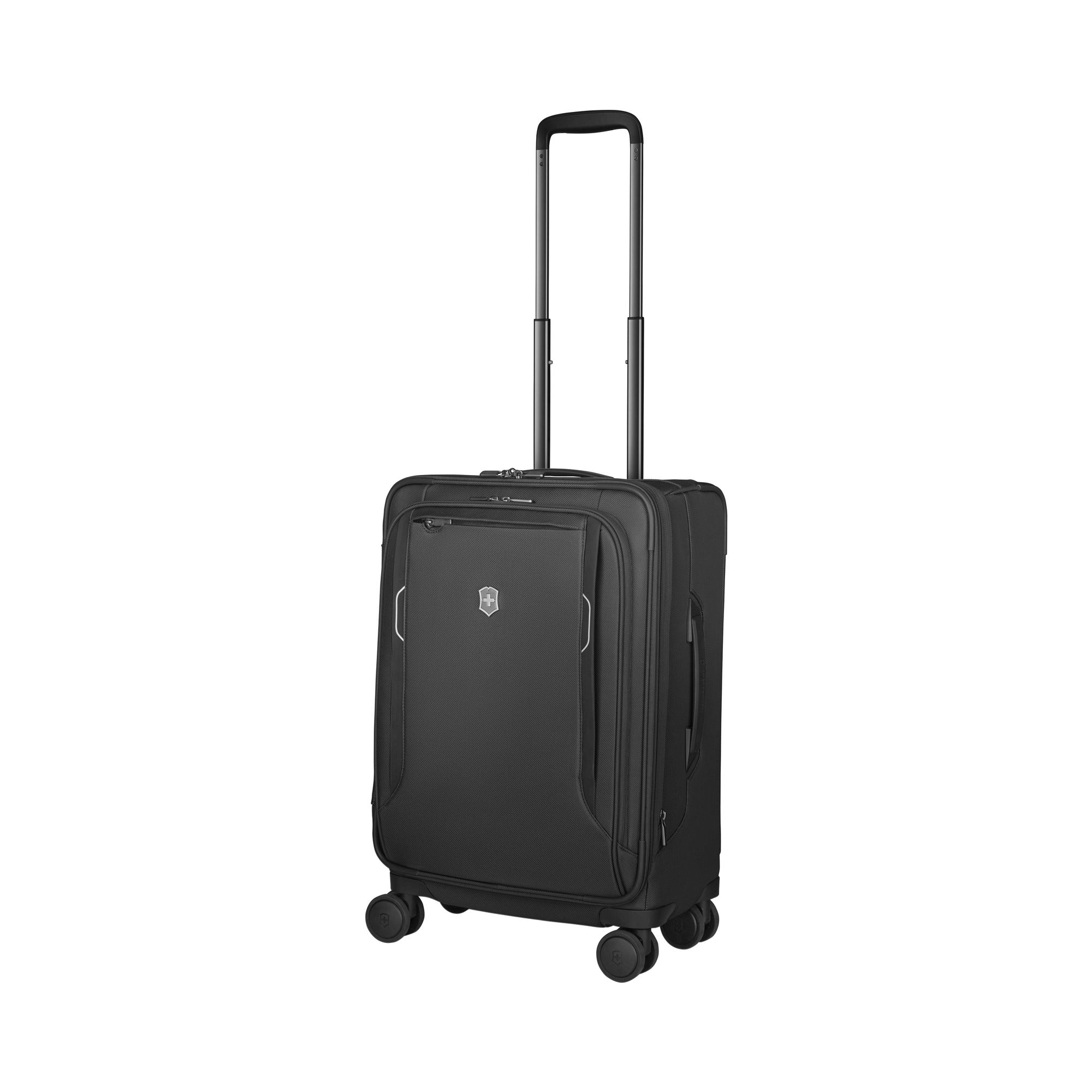 The Victorinox Werks 6.0 Frequent Flyer Plus Carry-on by VICTORINOX is a black wheeled suitcase with dual caster wheels, an extended telescopic handle, multiple zippers, a front brand logo, and a TSA lock for security. Its sleek and durable design makes it ideal for travel.