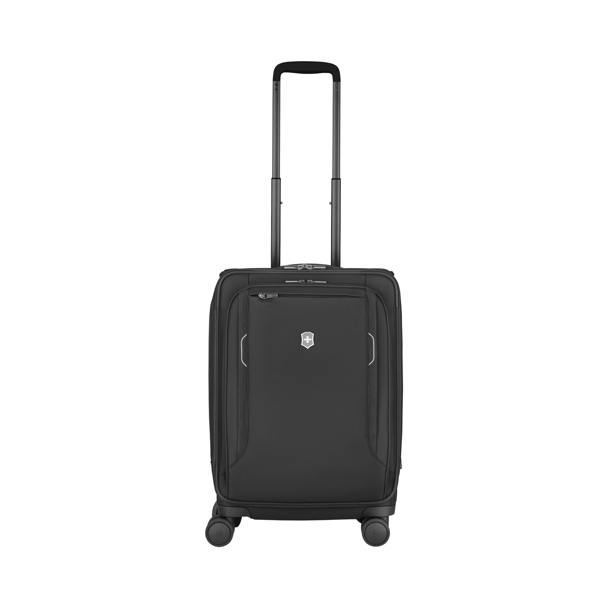 The Victorinox Werks 6.0 Frequent Flyer Plus Carry-on by VICTORINOX is a sleek black nylon suitcase with four dual caster wheels, an extended telescopic handle, and a logo on the front. It features a TSA lock and stands upright against a plain white background.