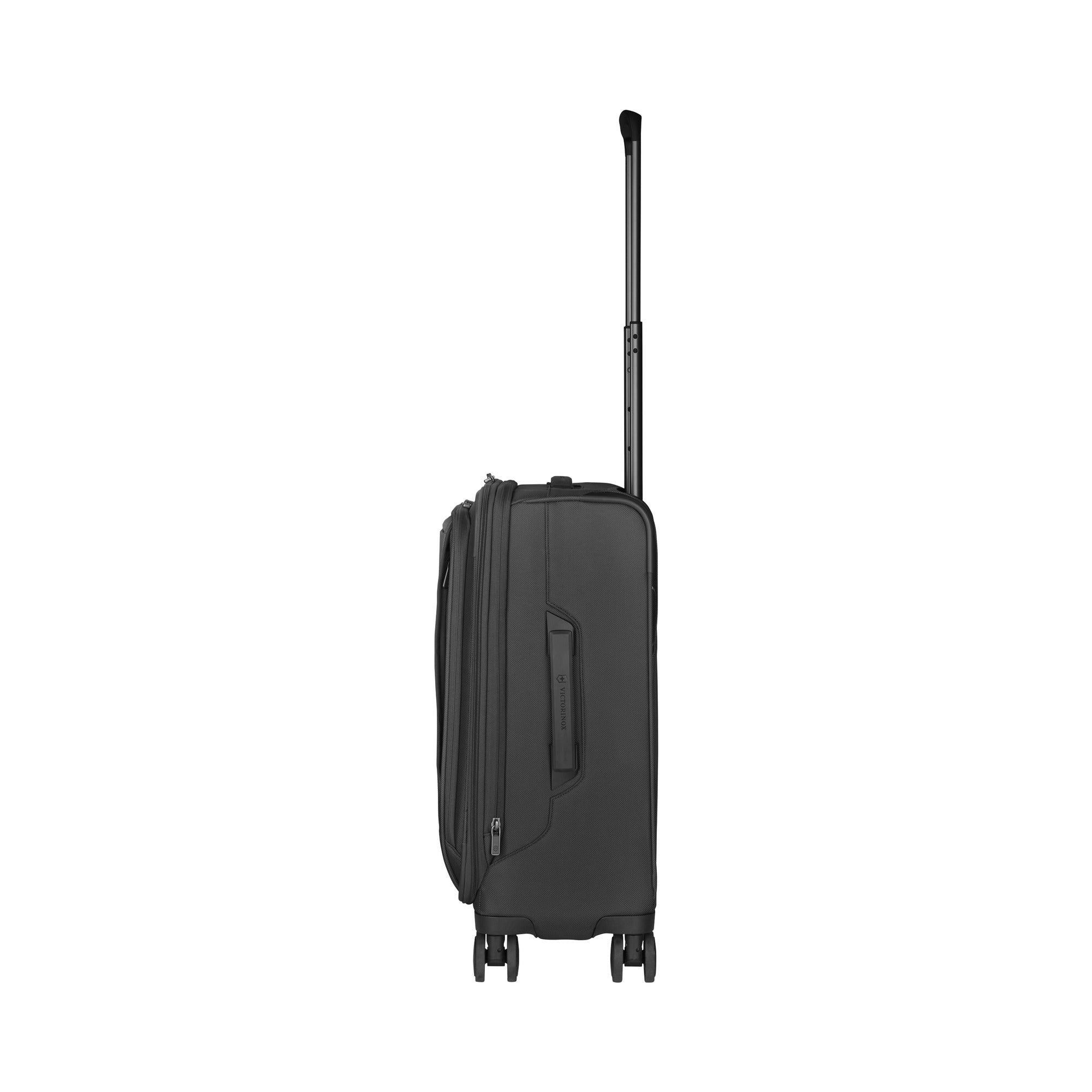 Side view of the Victorinox Werks 6.0 Frequent Flyer Plus Carry-on, black, with wheels and an extended handle offers a sleek design and dual caster wheels for stability. Equipped with a TSA lock by VICTORINOX, it ensures travel security.