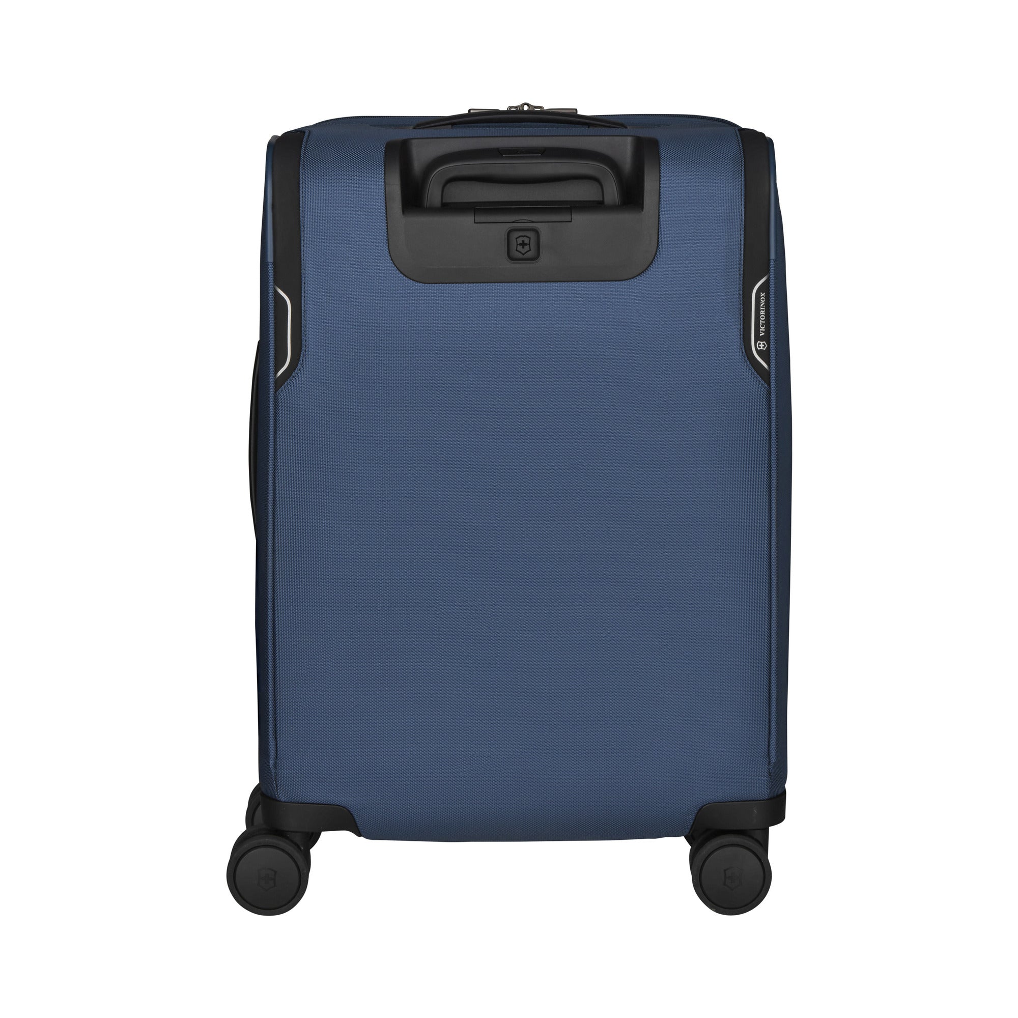 The VICTORINOX Victorinox Werks 6.0 Frequent Flyer Plus Carry-on is a blue hard-shell suitcase with black accents and reinforced edges. It includes dual caster wheels, a retractable top handle, and a TSA lock for secure travel.