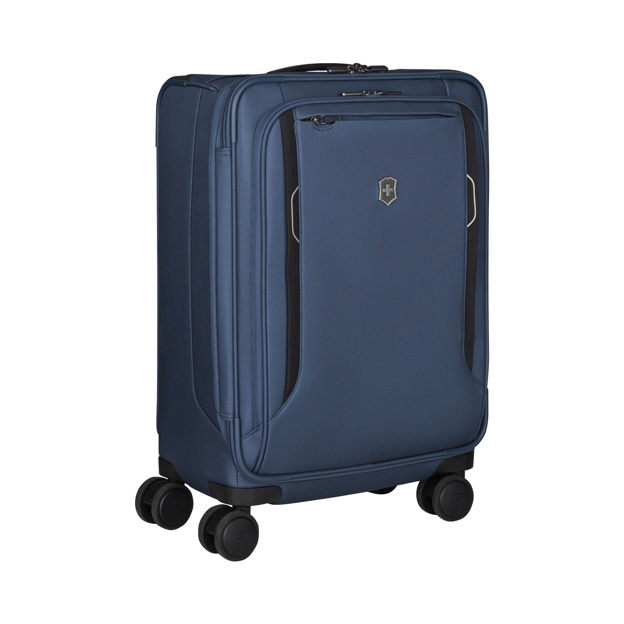 The Victorinox Werks 6.0 Frequent Flyer Plus Carry-on by VICTORINOX is a blue suitcase with four black spinner wheels, a secure TSA lock, front zippered compartments, and a silver logo emblem on the front.