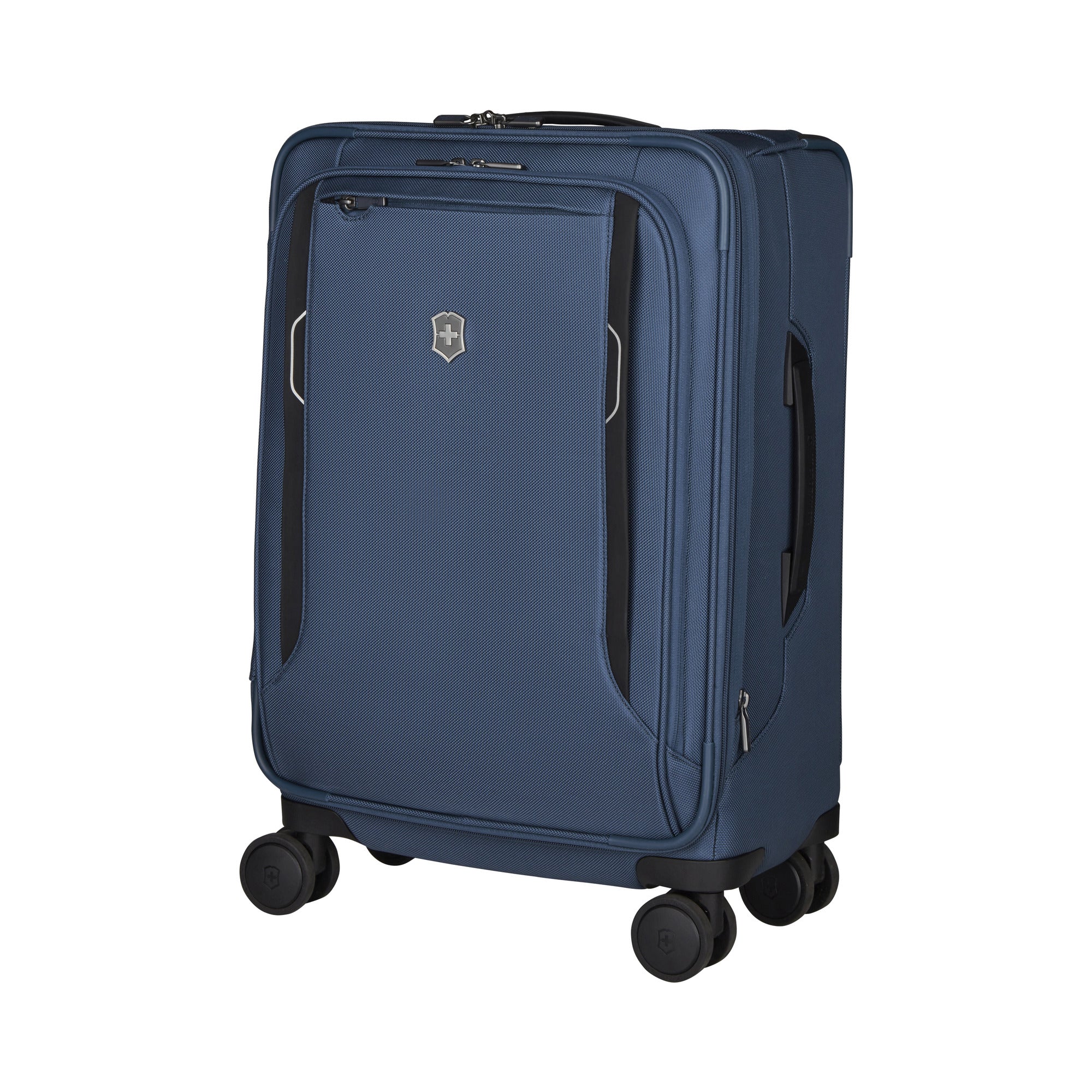 The Victorinox Werks 6.0 Frequent Flyer Plus Carry-on by VICTORINOX is a blue hard-shell, four-wheeled suitcase with dual caster wheels, a front zipper pocket, sturdy side and top handles, and a sleek design marked with the VICTORINOX logo; making it ideal for modern travel.