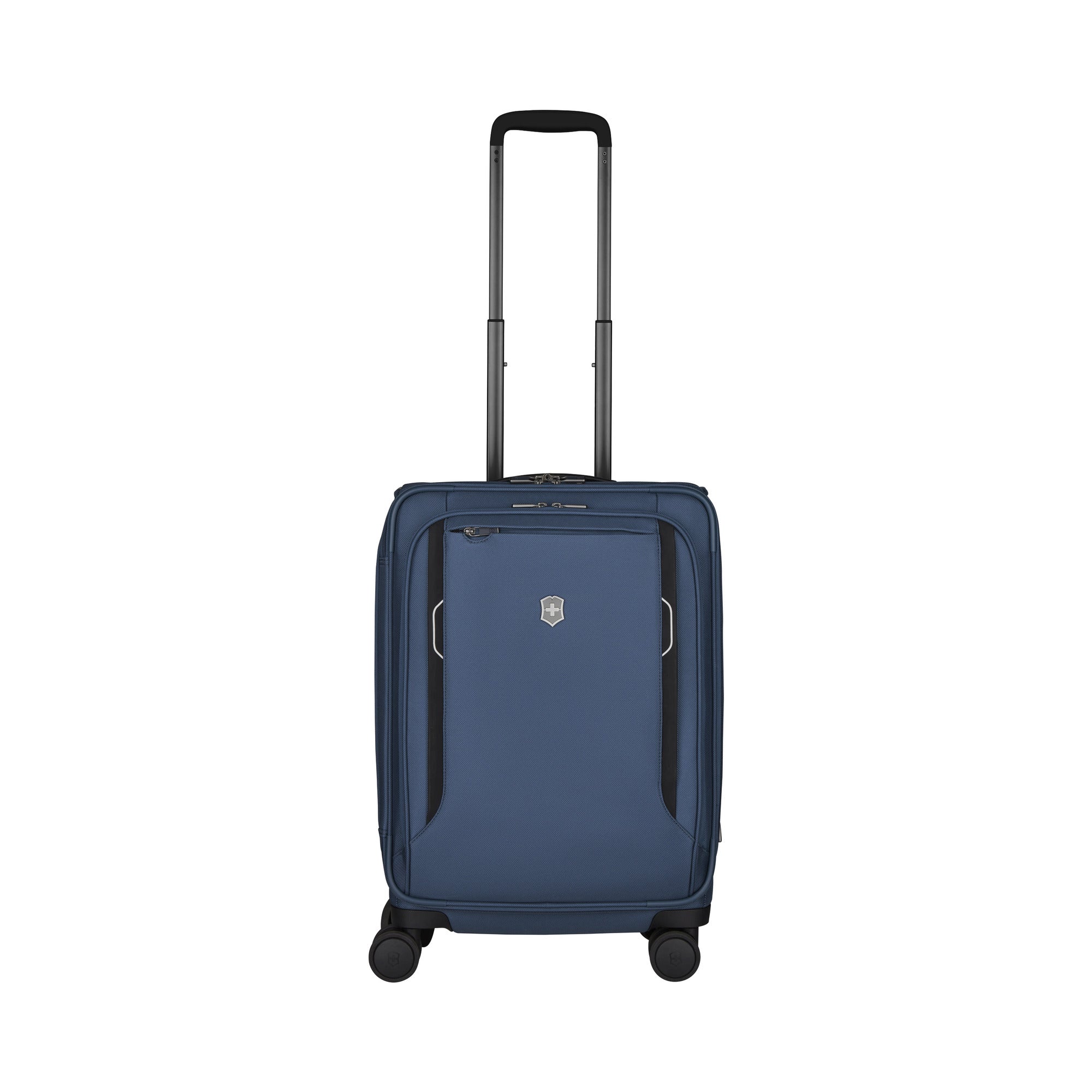 The VICTORINOX Victorinox Werks 6.0 Frequent Flyer Plus Carry-on is a blue, upright nylon suitcase with dual caster wheels, an extended black handle, a zippered front pocket, and a central logo. It includes a TSA lock for security.