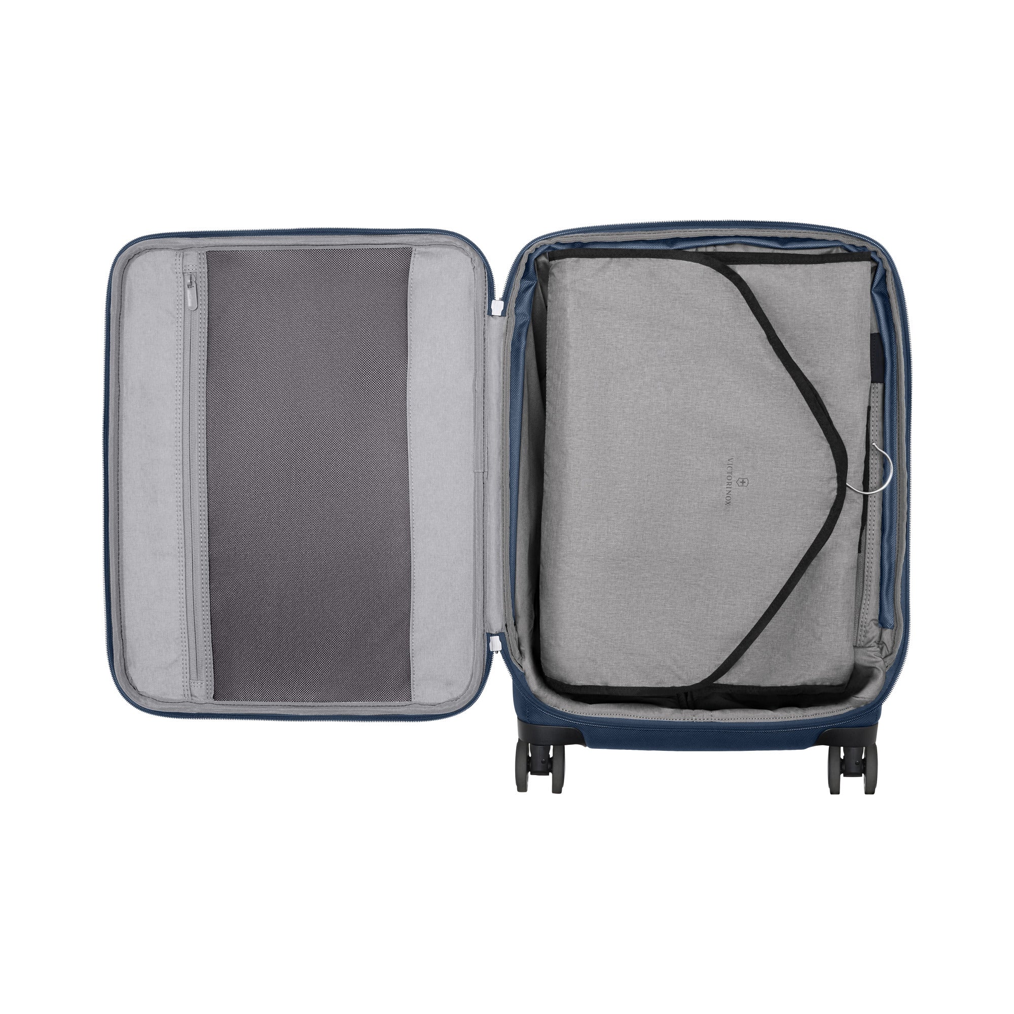 The Victorinox Werks 6.0 Frequent Flyer Plus Carry-on features a blue hard-shell with dual caster wheels, gray interior, left zippered mesh pocket, right secured compartment with elastic straps and gray panel, and a TSA lock for enhanced security.