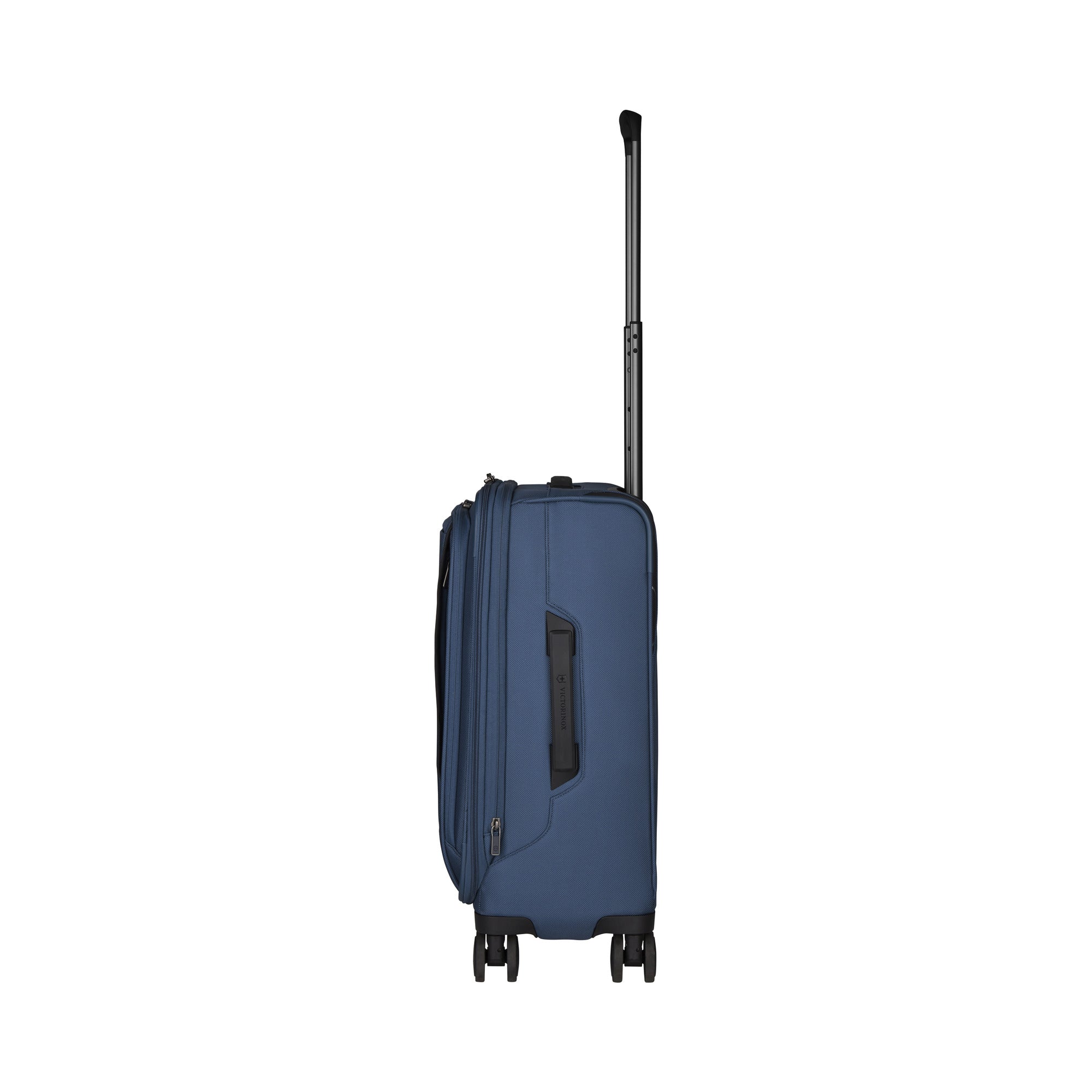 The Victorinox Werks 6.0 Frequent Flyer Plus Carry-on by VICTORINOX is a blue suitcase viewed from the side, with dual caster wheels, an extended telescopic handle, TSA lock for security, and a zipper and handle for easy carrying, set against a white background.