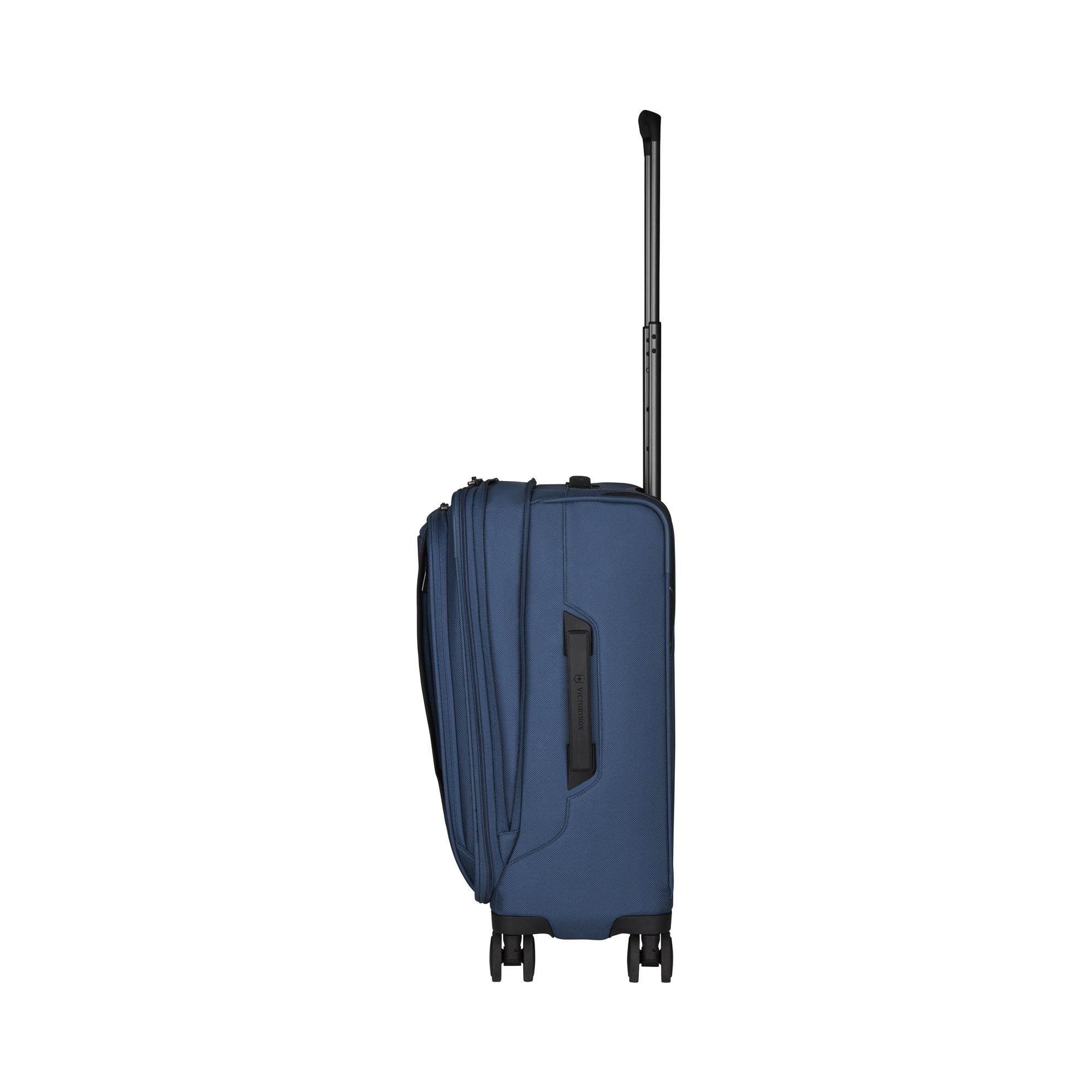 The Victorinox Werks 6.0 Frequent Flyer Plus Carry-on by VICTORINOX, shown in blue from the side, features dual caster wheels, an extended black handle, a top-half zipper compartment, a horizontal side handle, and a TSA lock for added security.