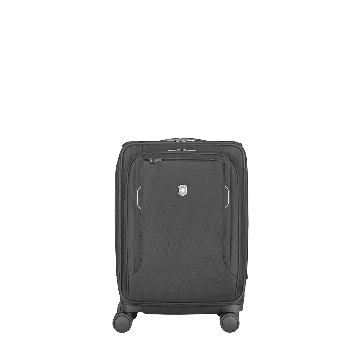 The Victorinox Werks 6.0 Frequent Flyer Plus Carry-on by VICTORINOX is a black, four-wheeled suitcase with a sleek design, featuring dual caster wheels for easy maneuverability, a zippered front pocket, metal emblem, TSA lock, and compact upright form ideal for travel.