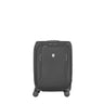 The Victorinox Werks 6.0 Frequent Flyer Plus Carry-on by VICTORINOX is a black, four-wheeled suitcase with a sleek design, featuring dual caster wheels for easy maneuverability, a zippered front pocket, metal emblem, TSA lock, and compact upright form ideal for travel.