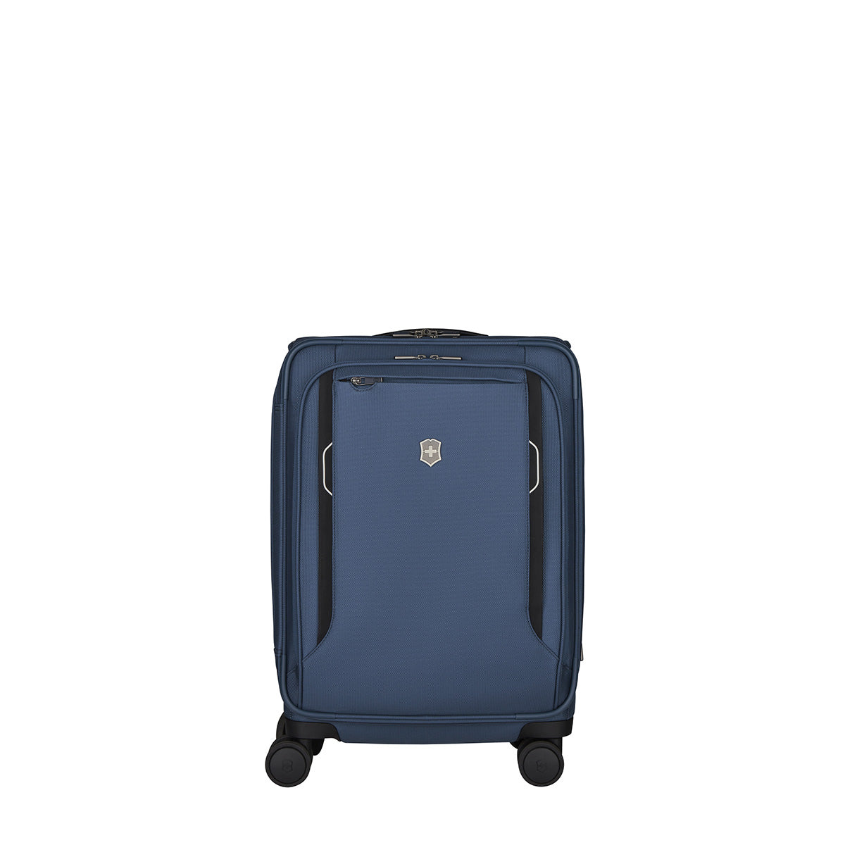 A blue Victorinox Werks 6.0 Frequent Flyer Plus Carry-on by VICTORINOX is centered against a white background, featuring dual caster wheels, a logo, zippered pocket, telescopic handle, and TSA lock for secure and convenient travel.