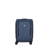 A blue Victorinox Werks 6.0 Frequent Flyer Plus Carry-on by VICTORINOX is centered against a white background, featuring dual caster wheels, a logo, zippered pocket, telescopic handle, and TSA lock for secure and convenient travel.