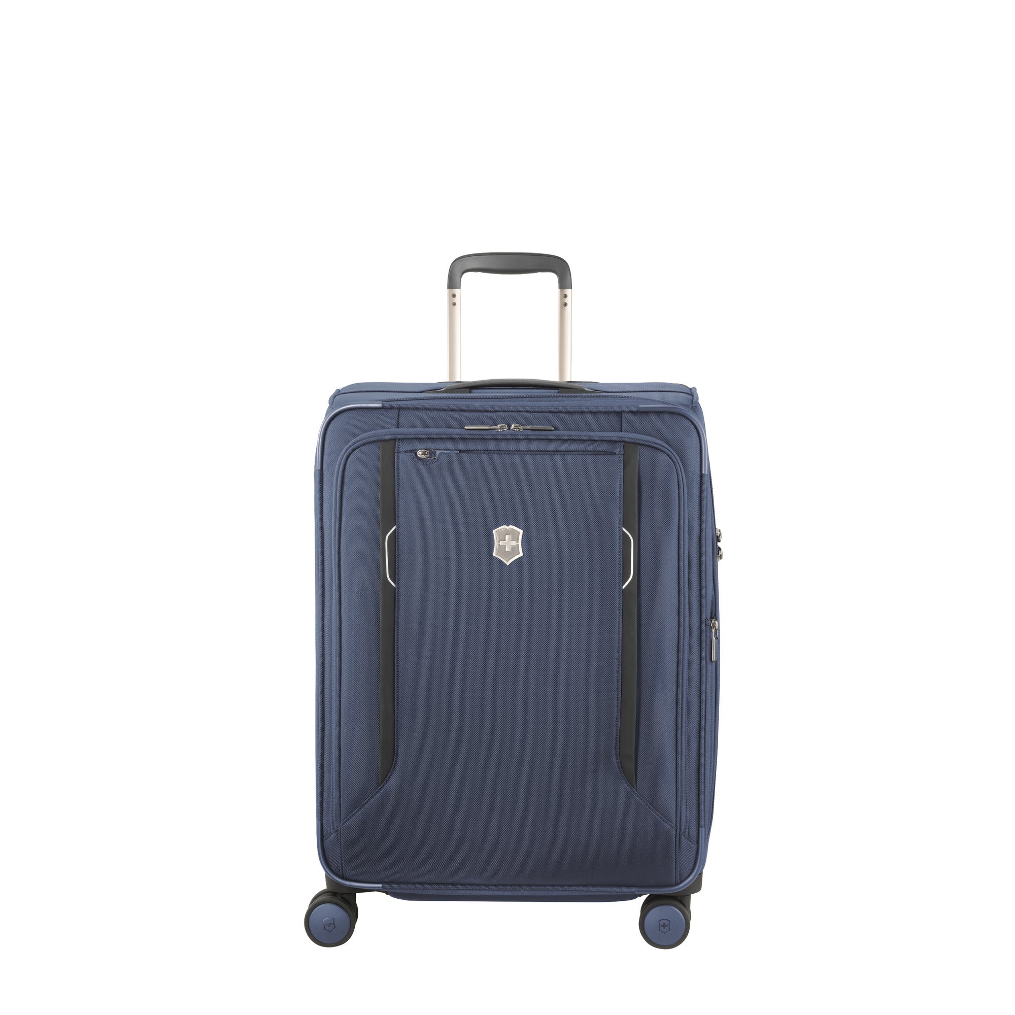 The Victorinox Werks 6.0 Medium Case by VICTORINOX, made of durable ballistic nylon, features a blue color scheme with four dual caster wheels, a telescopic handle, zippered compartments, and a TSA lock for security. It displays a silver emblem on the front when upright.