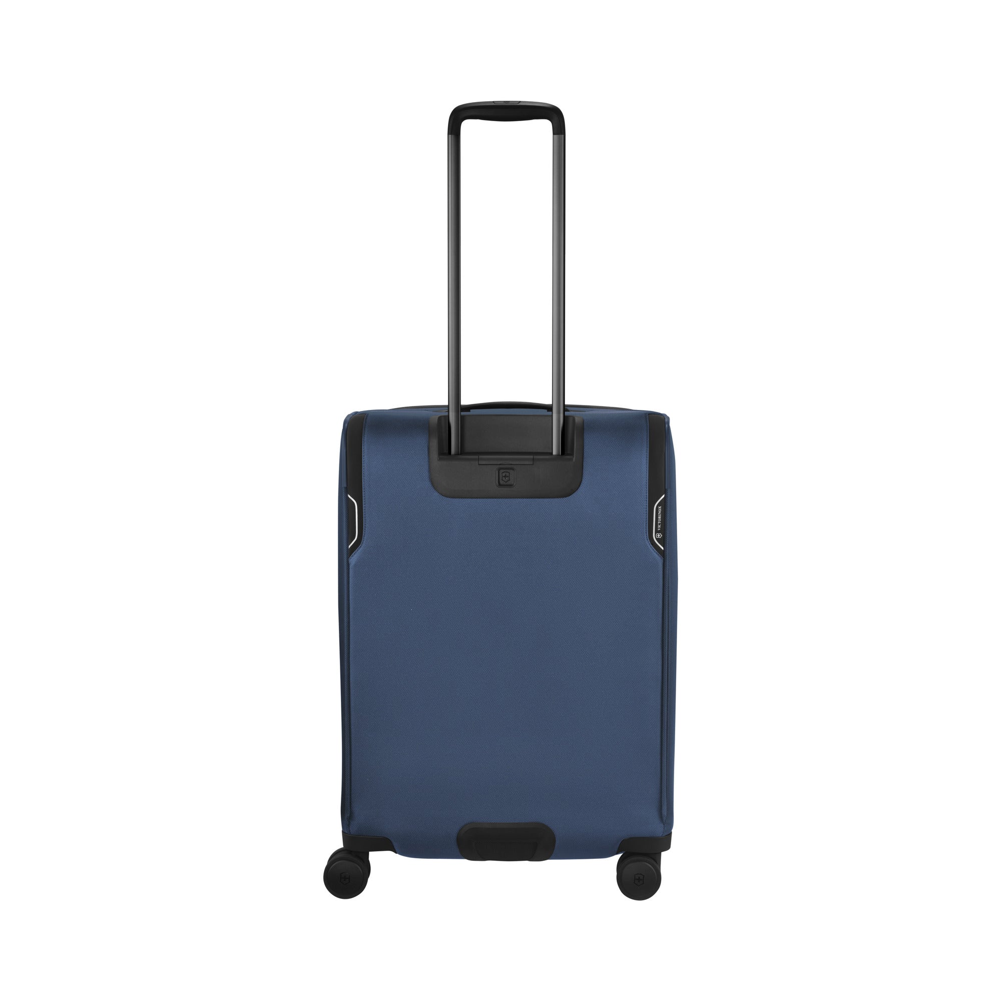 The Victorinox Werks 6.0 Medium Case by VICTORINOX is a blue suitcase crafted from durable ballistic nylon, featuring a black telescopic handle, four dual caster wheels, rounded edges, and black side accents.