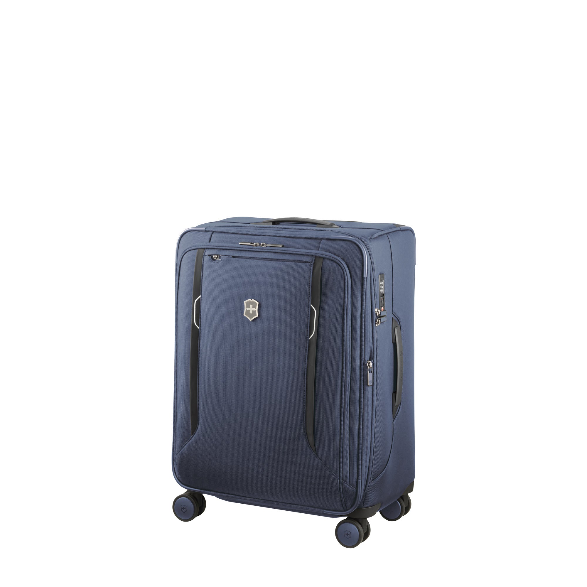 The Victorinox Werks 6.0 Medium Case by VICTORINOX is a blue rolling suitcase made of ballistic nylon, featuring four dual caster wheels, a telescopic handle, and a front zipper pocket. It also includes a TSA lock and has a small logo near the top.