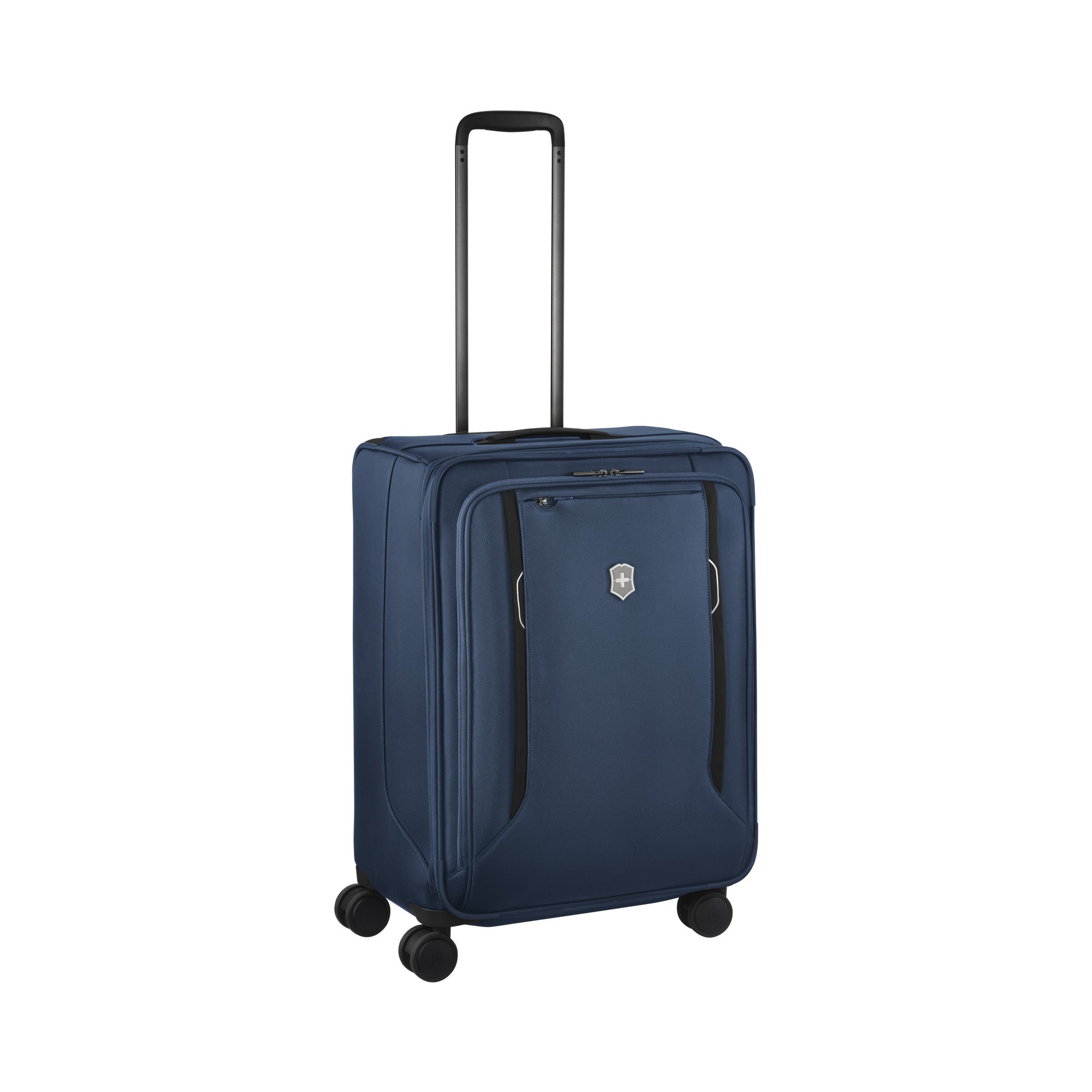 The Victorinox Werks 6.0 Medium Case in blue, by VICTORINOX, is a four-wheeled carry-on made from durable ballistic nylon. It includes a retractable handle, silver side handles, dual caster wheels for smooth mobility, a TSA lock for security, and features a sleek logo on the front.