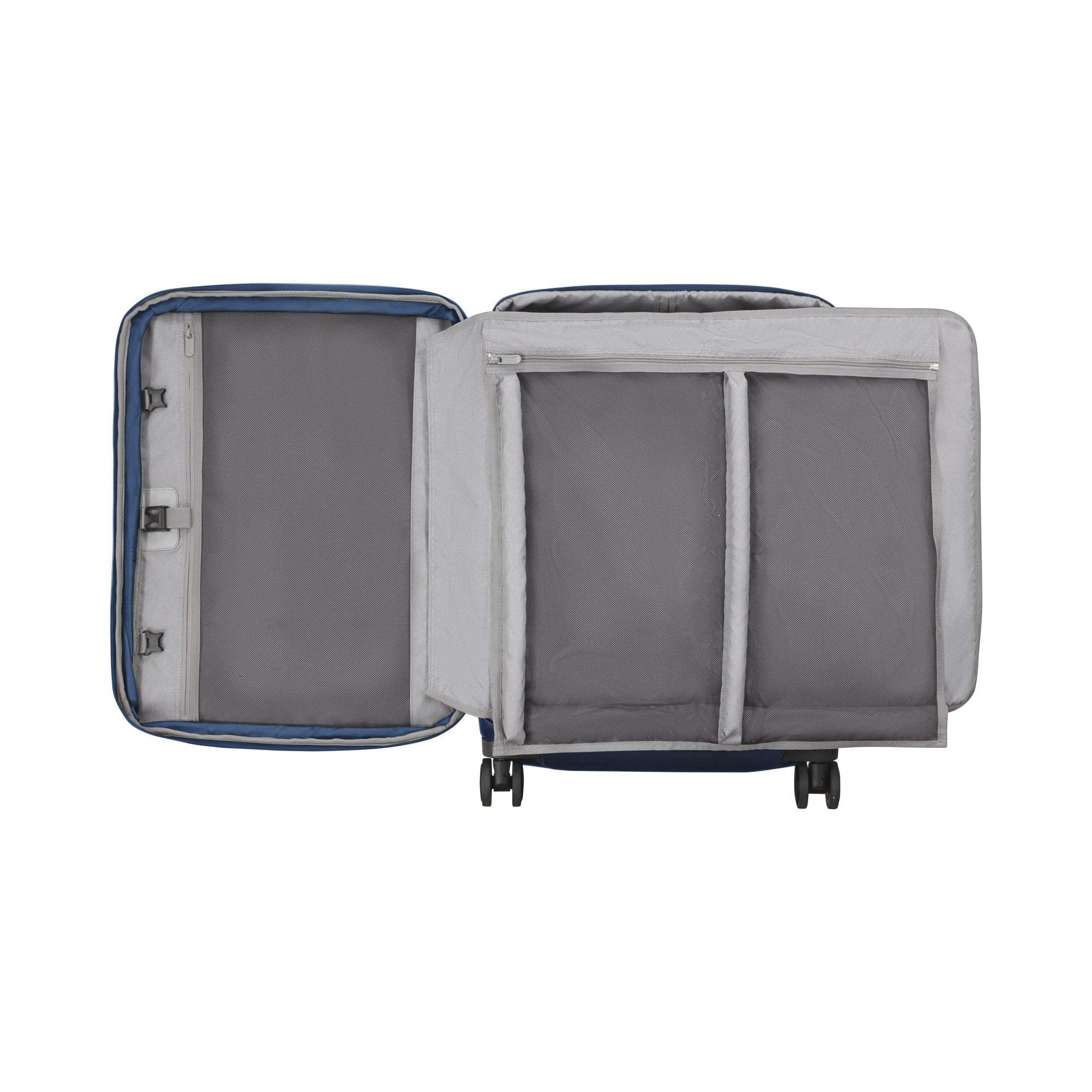 The Victorinox Werks 6.0 Medium Case by VICTORINOX is a durable blue suitcase made of ballistic nylon with a gray interior. It features two large compartments, dual caster wheels, TSA lock, and lays flat open to show two mesh divider sections on one side for secure travel organization.