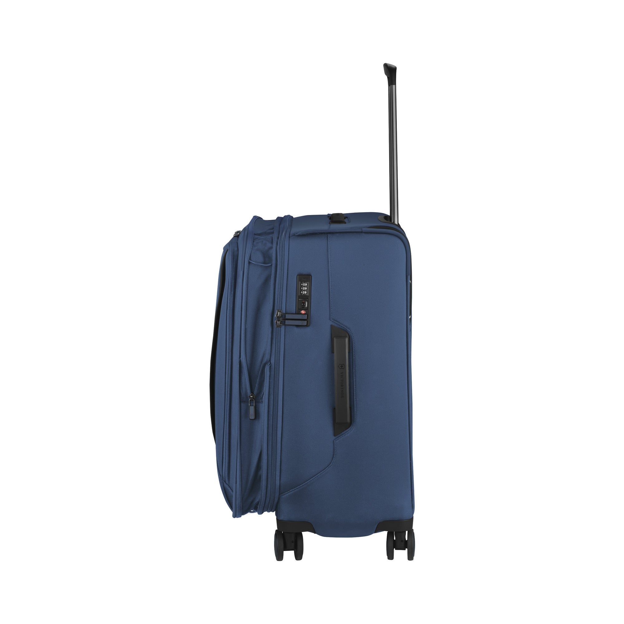 The VICTORINOX Victorinox Werks 6.0 Medium Case is a blue soft-sided suitcase featuring an extended retractable handle, dual caster wheels, durable ballistic nylon, a side combination lock with TSA lock, and an expandable section for increased capacity.