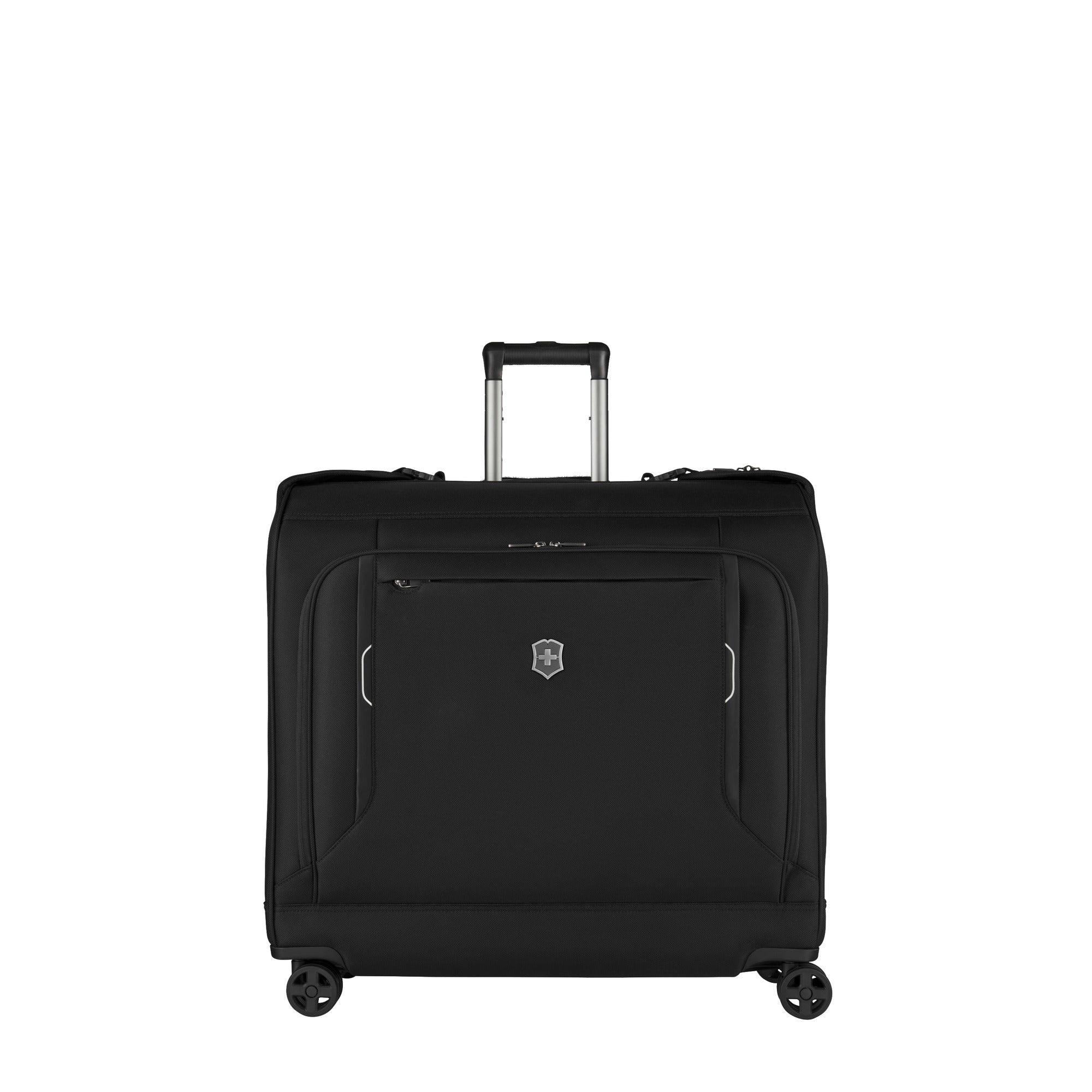 The Victorinox Werks 6.0 Deluxe Wheeled Garment Bag in black features a retractable handle and a 360-degree wheel system for effortless navigation, plus a front zippered pocket showcasing the VICTORINOX logo for style.
