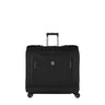 The Victorinox Werks 6.0 Deluxe Wheeled Garment Bag in black features a retractable handle and a 360-degree wheel system for effortless navigation, plus a front zippered pocket showcasing the VICTORINOX logo for style.