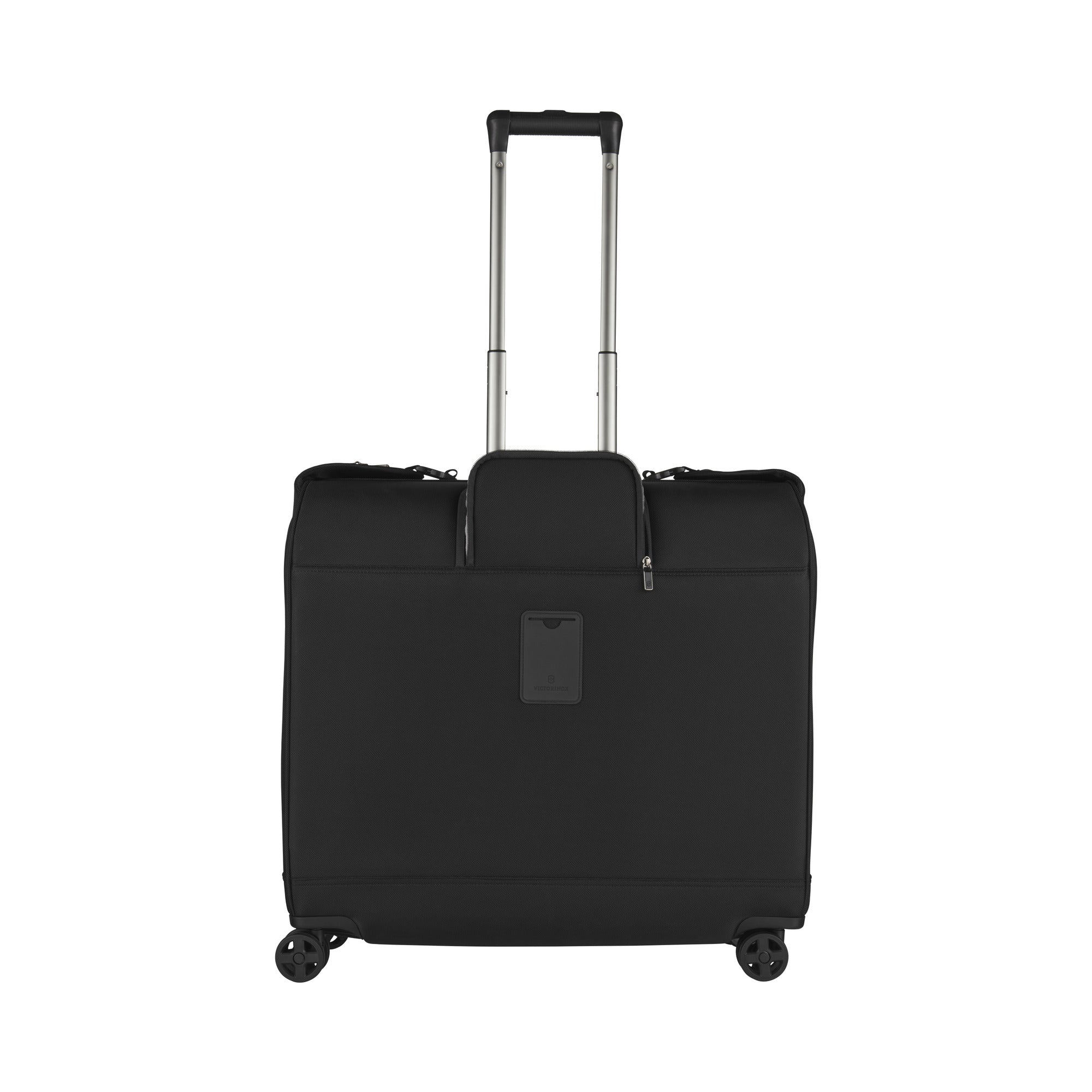 The Victorinox Werks 6.0 Deluxe Wheeled Garment Bag by VICTORINOX in sleek black features a silver telescopic handle, a central rectangular tag, and a smooth finish. Its four spinner wheels offer effortless 360-degree maneuverability.