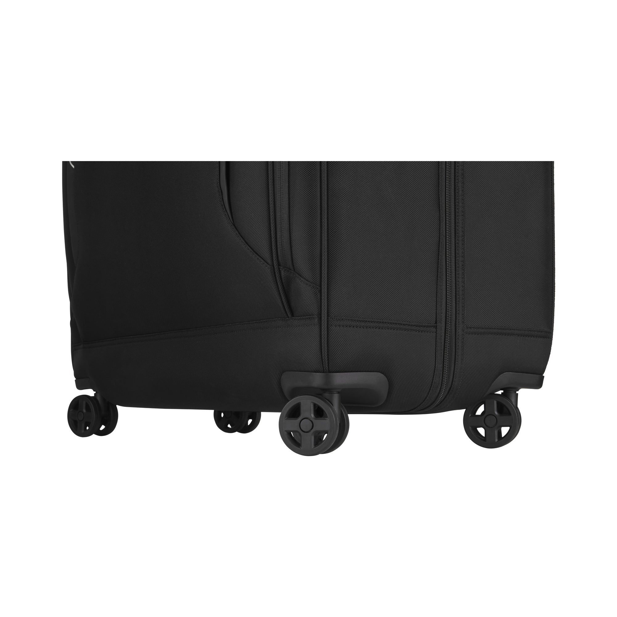 A close-up of a black Victorinox Werks 6.0 Deluxe Wheeled Garment Bag showcases its four swivel wheels. The durable fabric, visible seams, and zippers complement the 360-degree wheel system, ensuring smooth multi-directional movement.