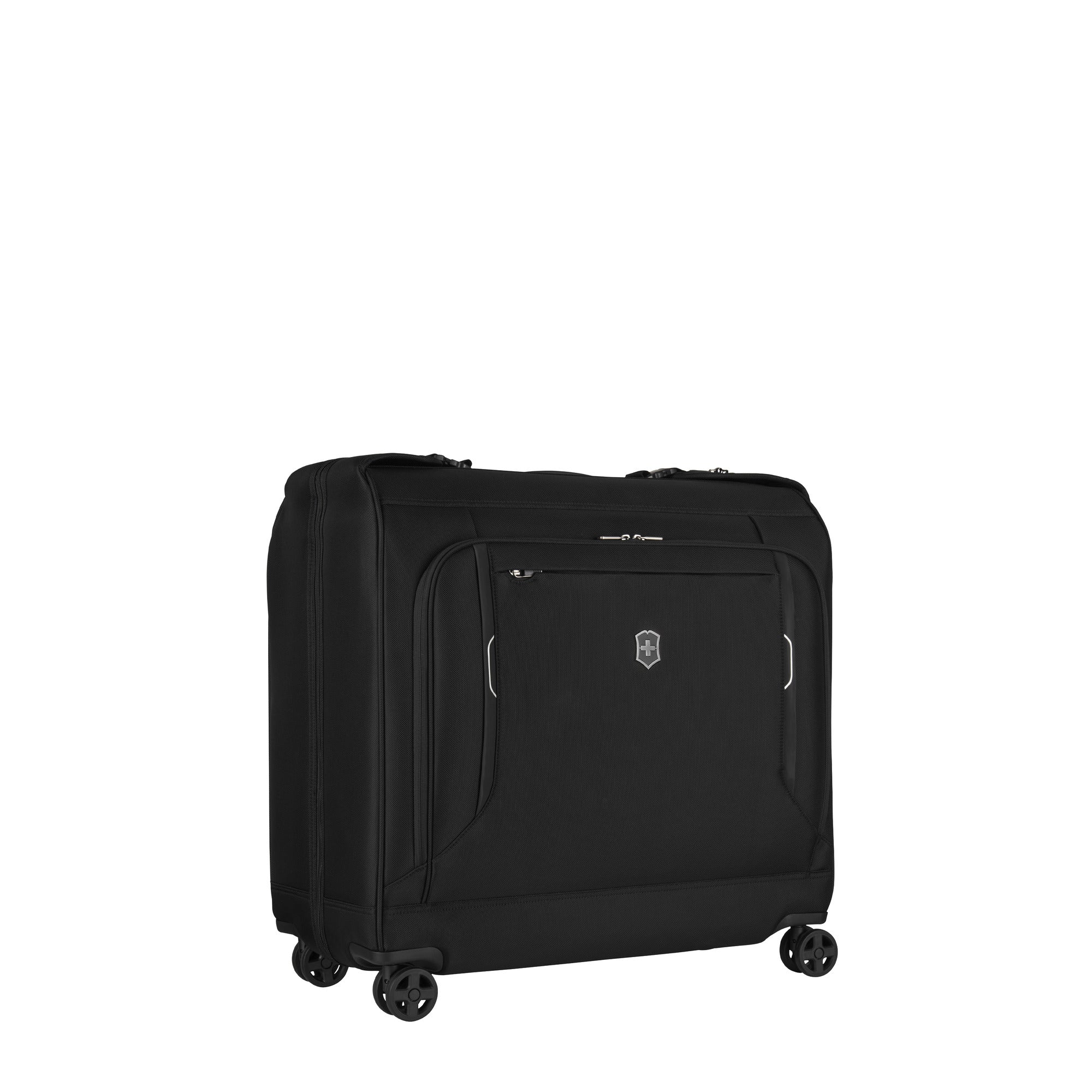 The Victorinox Werks 6.0 Deluxe Wheeled Garment Bag by VICTORINOX features a sleek logo on the front, four 360-degree wheels, and a front zipper pocket, making it perfect for professional travel.