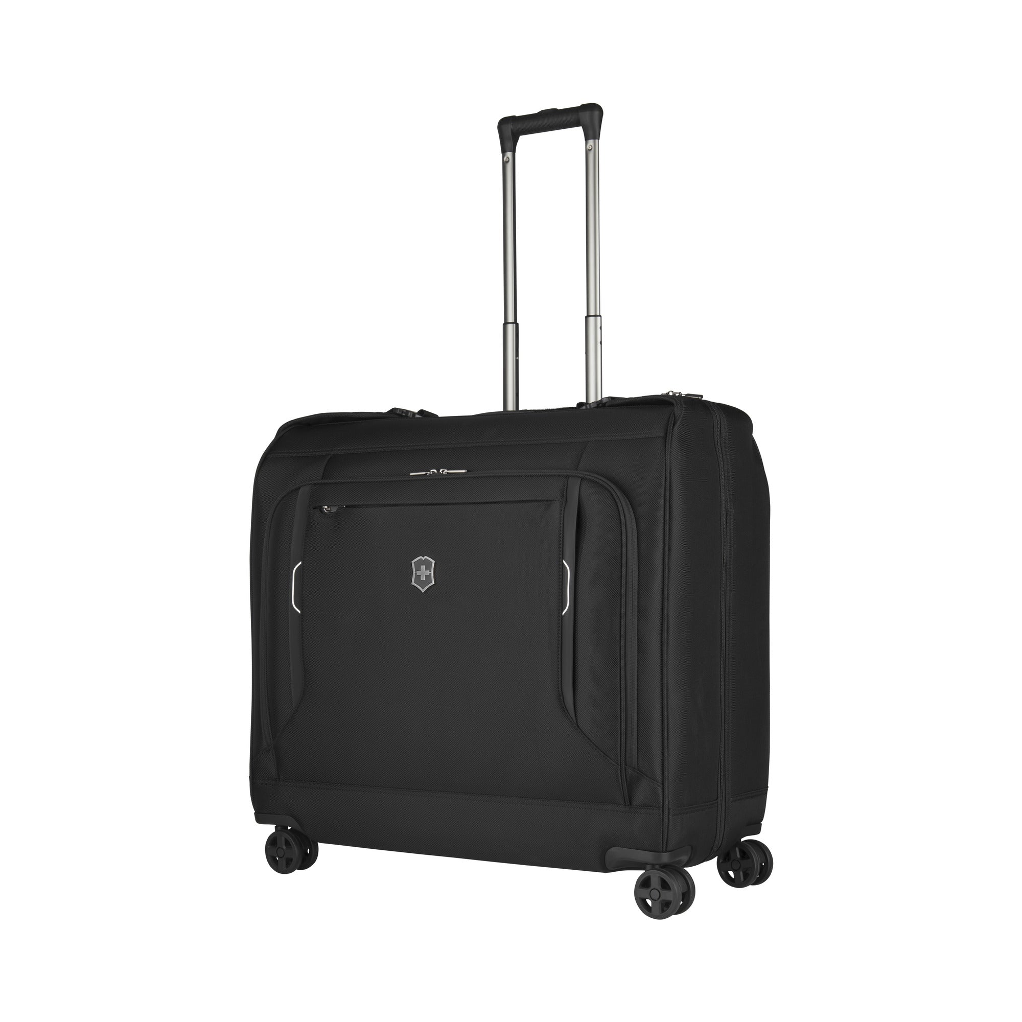 The Victorinox Werks 6.0 Deluxe Wheeled Garment Bag by VICTORINOX features a 360-degree maneuverable wheel system, an extended telescopic handle, a front zipper pocket, and a central logo emblem, blending style with functionality.