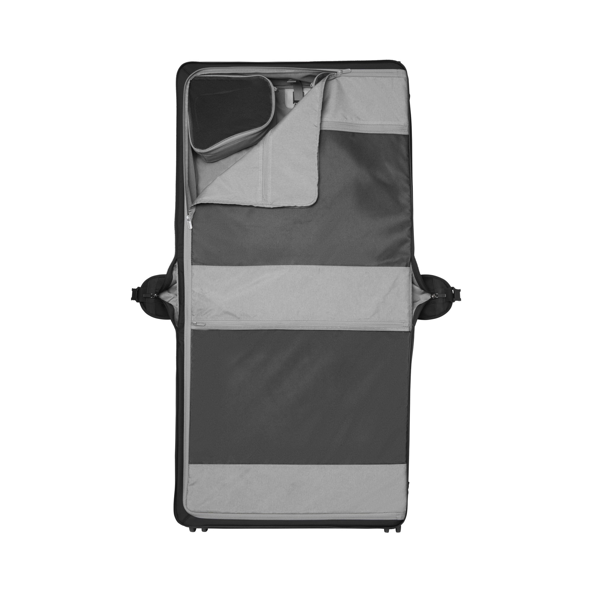 The open Victorinox Werks 6.0 Deluxe Wheeled Garment Bag features organized compartments with pouches and zippers, dual hanger clamps, and a 360-degree wheel system for seamless travel.