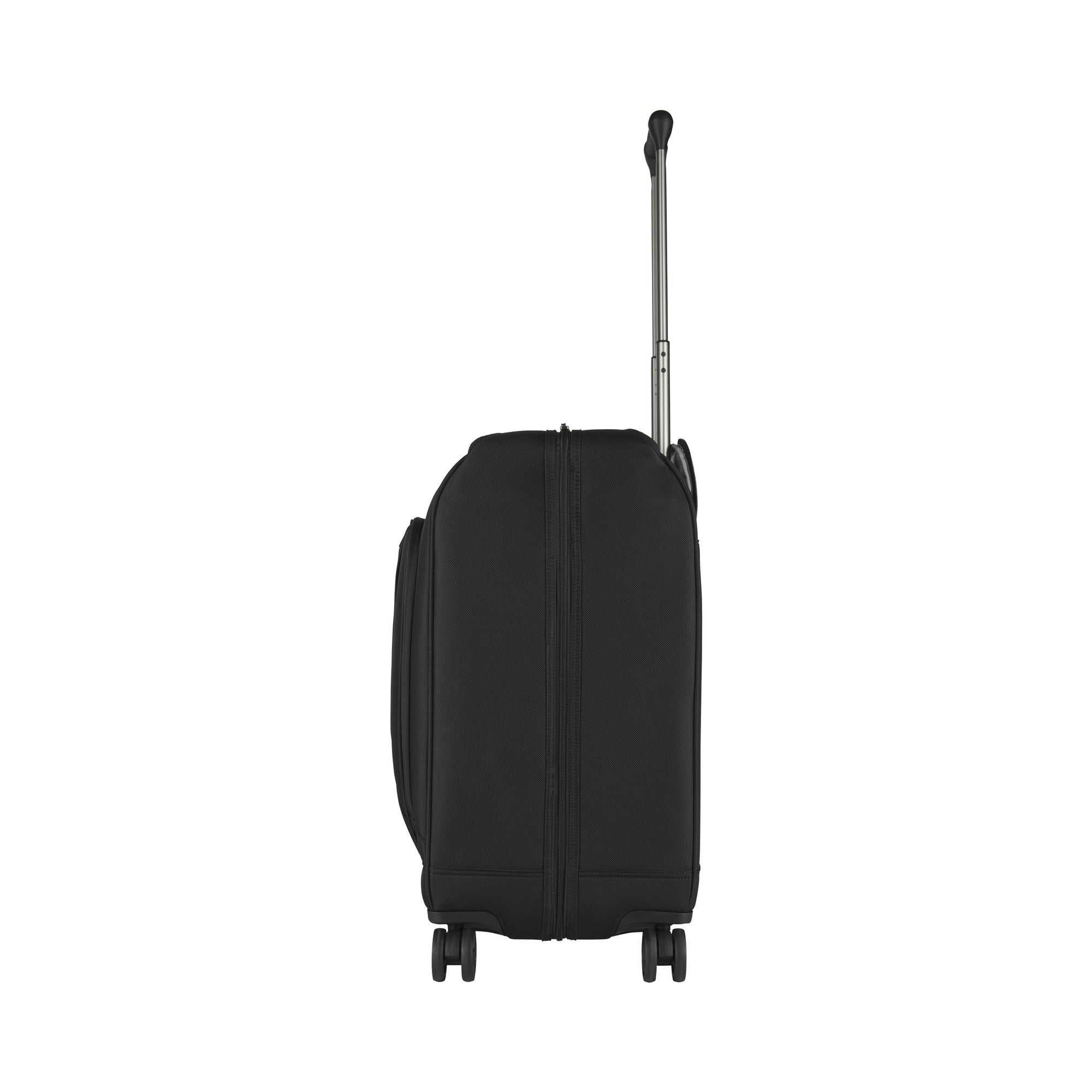 Side view of the black VICTORINOX Victorinox Werks 6.0 Deluxe Wheeled Garment Bag with its telescopic handle extended, showcasing its modern design and 360-degree maneuverable wheels for effortless mobility.
