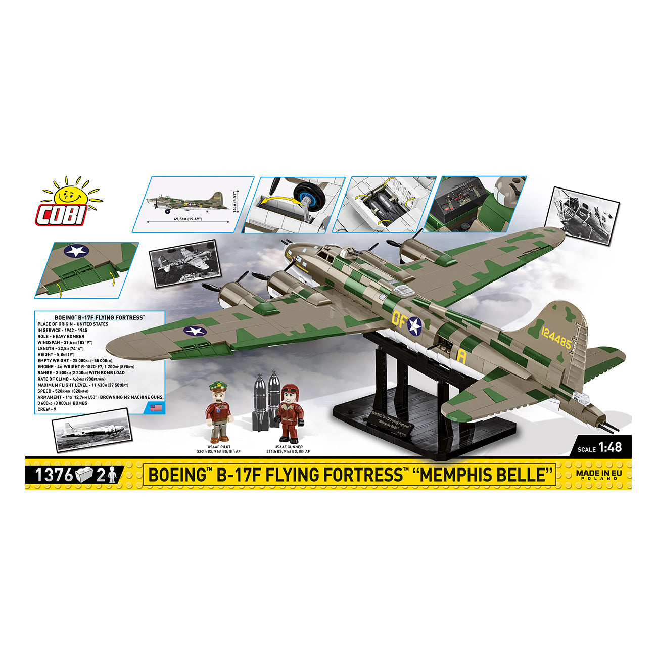 The Boeing Stores COBI Boeing B-17 Flying Fortress Memphis Belle Building Kit offers a detailed 1:48 scale model with historical images, mini-figures, accessories, and 1376 pieces for an immersive experience.