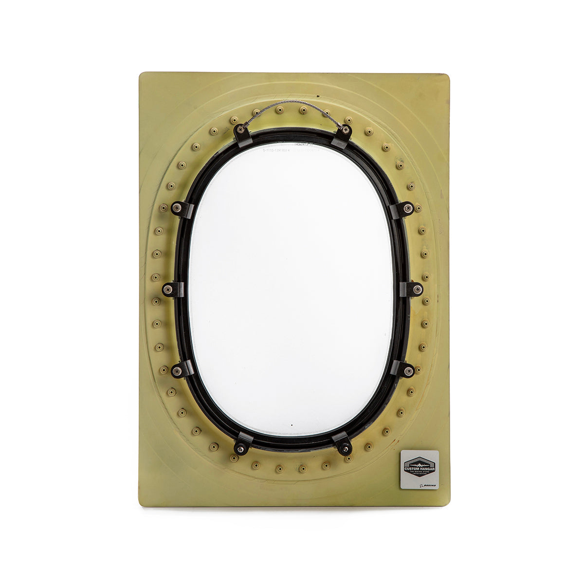 The Boeing 777 Natural Finish Window by Boeing features an oval airplane window display with bolt and metal borders, resembling a real Boeing 777 window, mounted vertically against a white background.