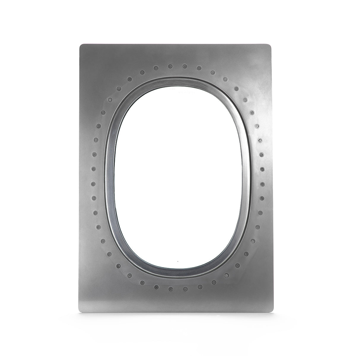 The Boeing 777 Natural Finish Window by Boeing is a rectangular mirror with a metallic frame, oval inner border, and dotted detailing inspired by a 777 window, shown against a plain white background.