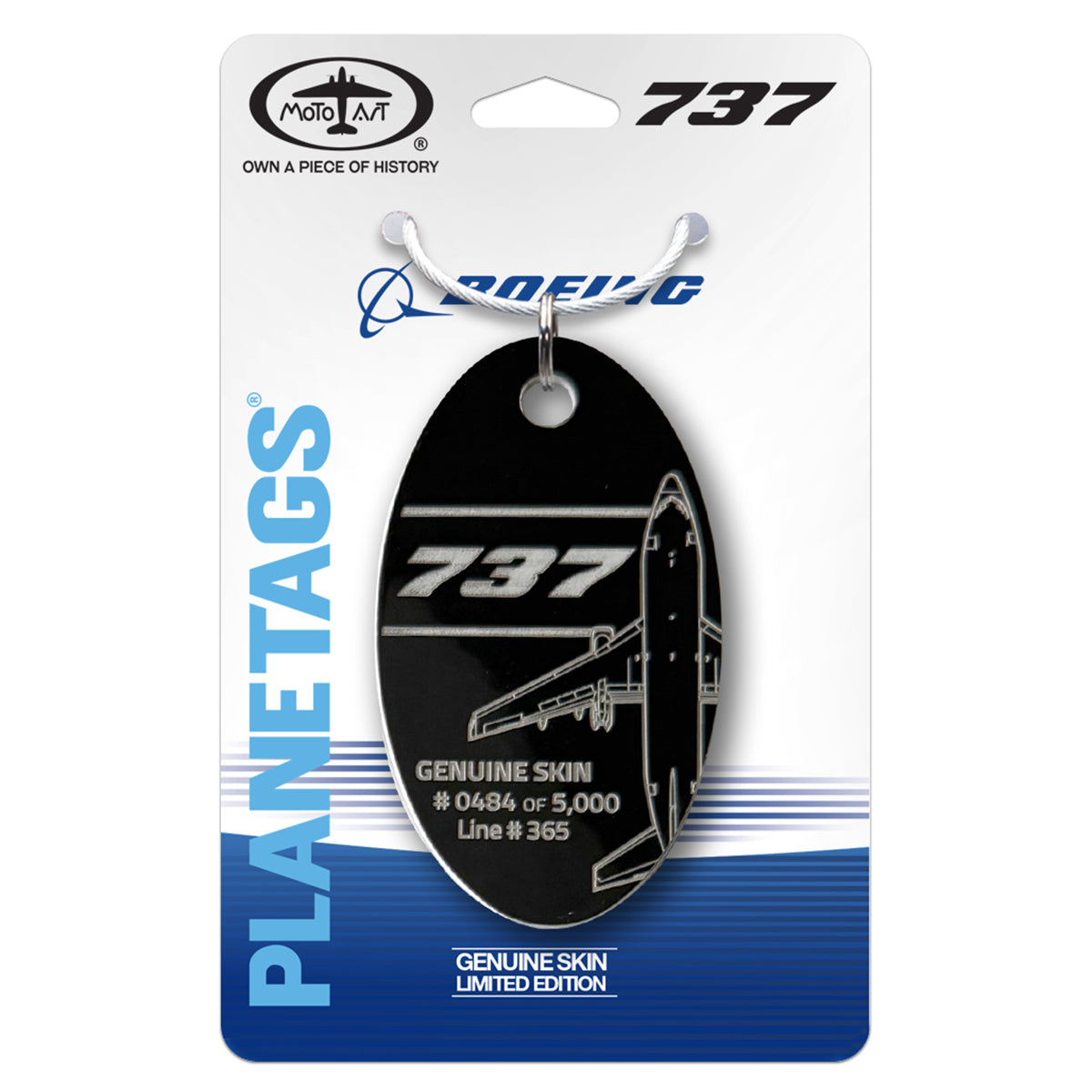 A black, limited edition BOEING PlaneTags Boeing 737 Series keychain made from authentic aircraft skin, this collectible comes mounted on a branded card featuring an aircraft illustration, serial number, and the GENUINE SKIN LIMITED EDITION label.