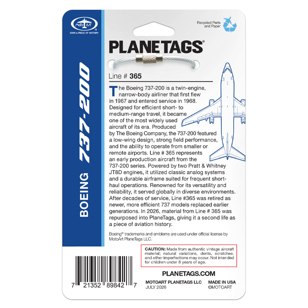 A limited-edition PlaneTags Boeing 737 Series tag by BOEING, crafted from authentic aircraft skin, comes in packaging that includes product details, a barcode, and airplane information on the back—plus a CAUTION about edges and a note that it’s made from recycled parts.