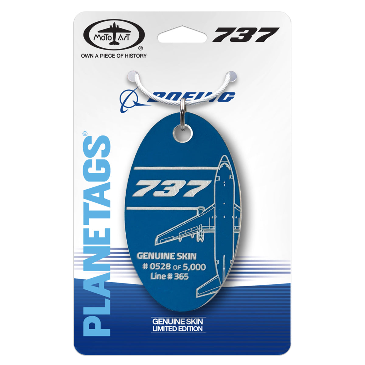 Limited-edition PlaneTags Boeing 737 Series from BOEING, crafted from genuine aircraft skin in blue and featuring an engraved airplane design. Labeled as “GENUINE SKIN LIMITED EDITION” and individually numbered #0528 of 5,000. Packaged on a card displaying the PLANETAGS and BOEING logos.