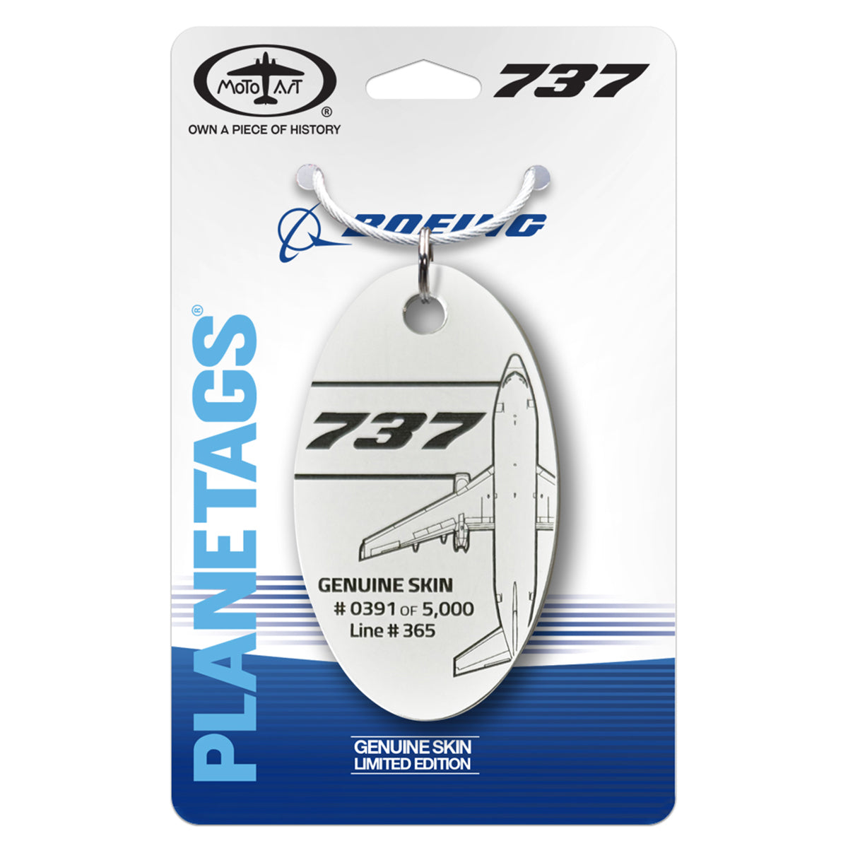 Certainly! Here’s the rewritten sentence using your product data: This limited-edition BOEING PlaneTags Boeing 737 Series oval metal tag is crafted from authentic aircraft skin and features an engraved image of a Boeing 737 airplane, marked GENUINE SKIN #0391 of 5,000 Line #365. The background card displays the PLANETAGS name, “737”, and the official Boeing logo. The PlaneTag is designed to hang by a loop at the top.