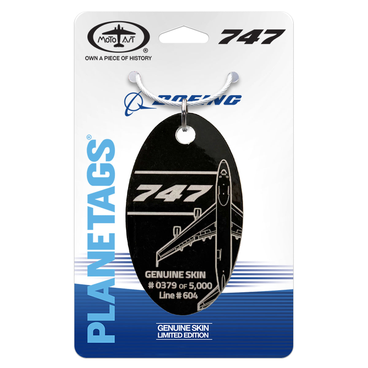 A PlaneTags Boeing 747 Series key tag in black, made from authentic BOEING aircraft skin and individually numbered #0379 of 5,000, is displayed on branded packaging with a line illustration of the iconic Boeing 747 and a blue BOEING logo.