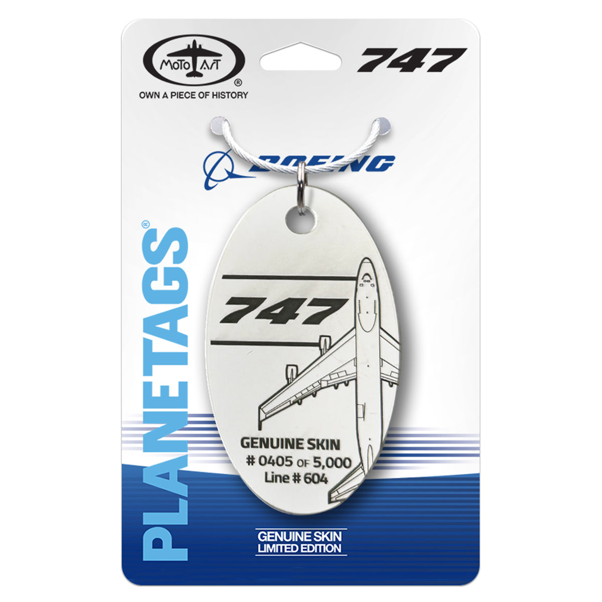 Oval-shaped PlaneTags Boeing 747 Series tag by BOEING, crafted from genuine aircraft skin and featuring airplane line art along with GENUINE SKIN and LIMITED EDITION labels, attached to a card displaying PLANETAGS and BOEING branding.