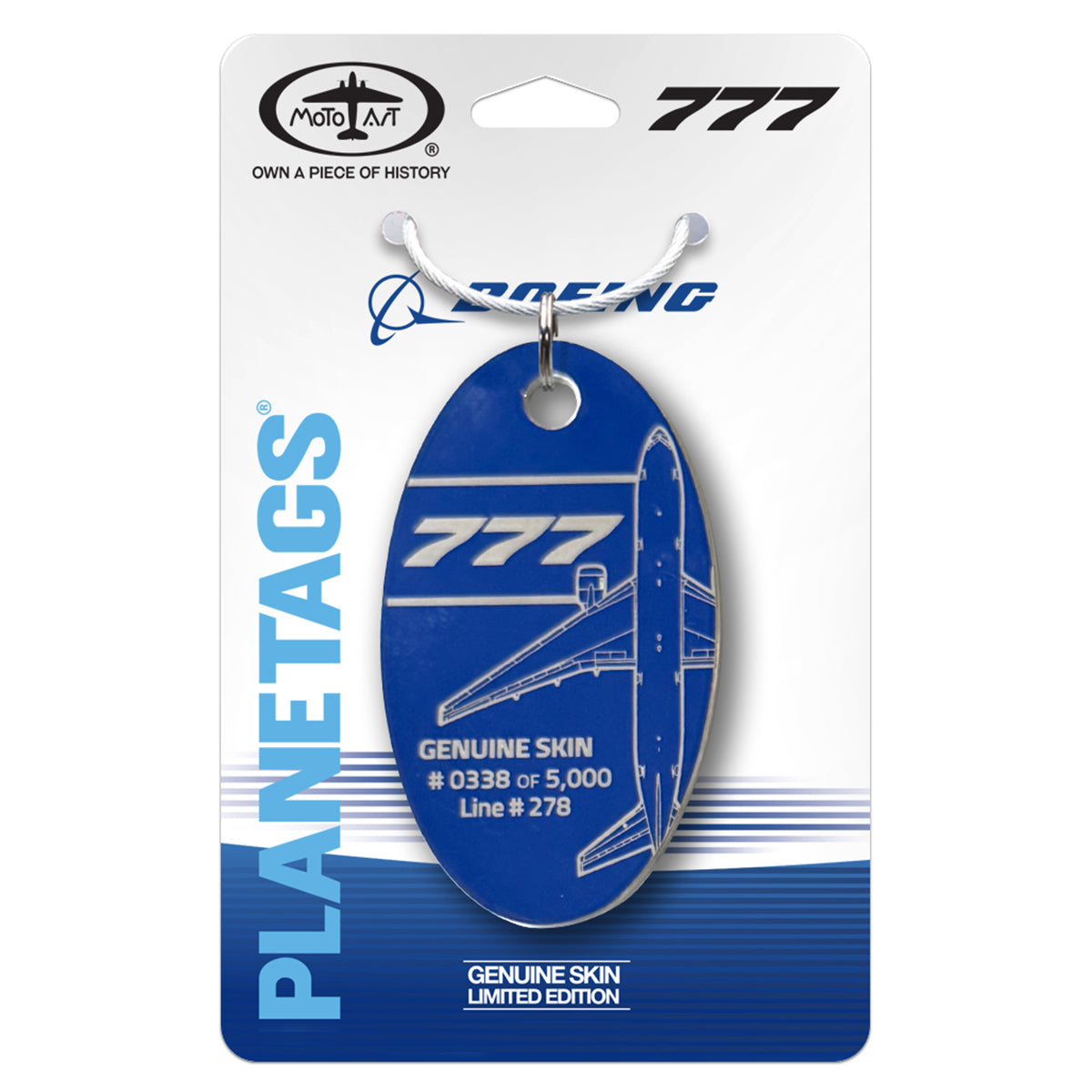 Sure! Here’s a rewritten sentence using your product data: The PlaneTags Boeing 777 Series keychain by BOEING is crafted from authentic aircraft skin and features an aircraft outline, serial numbers, and signature branding. Celebrating aviation history, it comes in clear packaging labeled “Genuine Skin Limited Edition,” with a white background and blue accents completing its presentation.