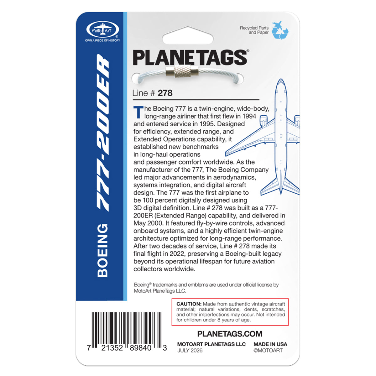 Experience the PlaneTags Boeing 777 Series by BOEING—a distinctive product card spotlighting a tag made from genuine aircraft skin. Featuring an eye-catching plane illustration, detailed product information, usage guidelines, and a sharp edge caution warning, this collectible is an ideal homage to aviation history.