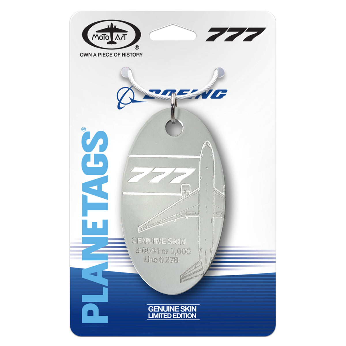 Crafted from genuine aircraft skin, the PlaneTags Boeing 777 Series by BOEING features an oval metal tag engraved with an airplane design and “777” text. Attached to a white card labeled PLANE TAGS and BOEING, each limited edition collectible is uniquely numbered and celebrates aviation history as part of the exclusive Boeing 777 PlaneTags series.