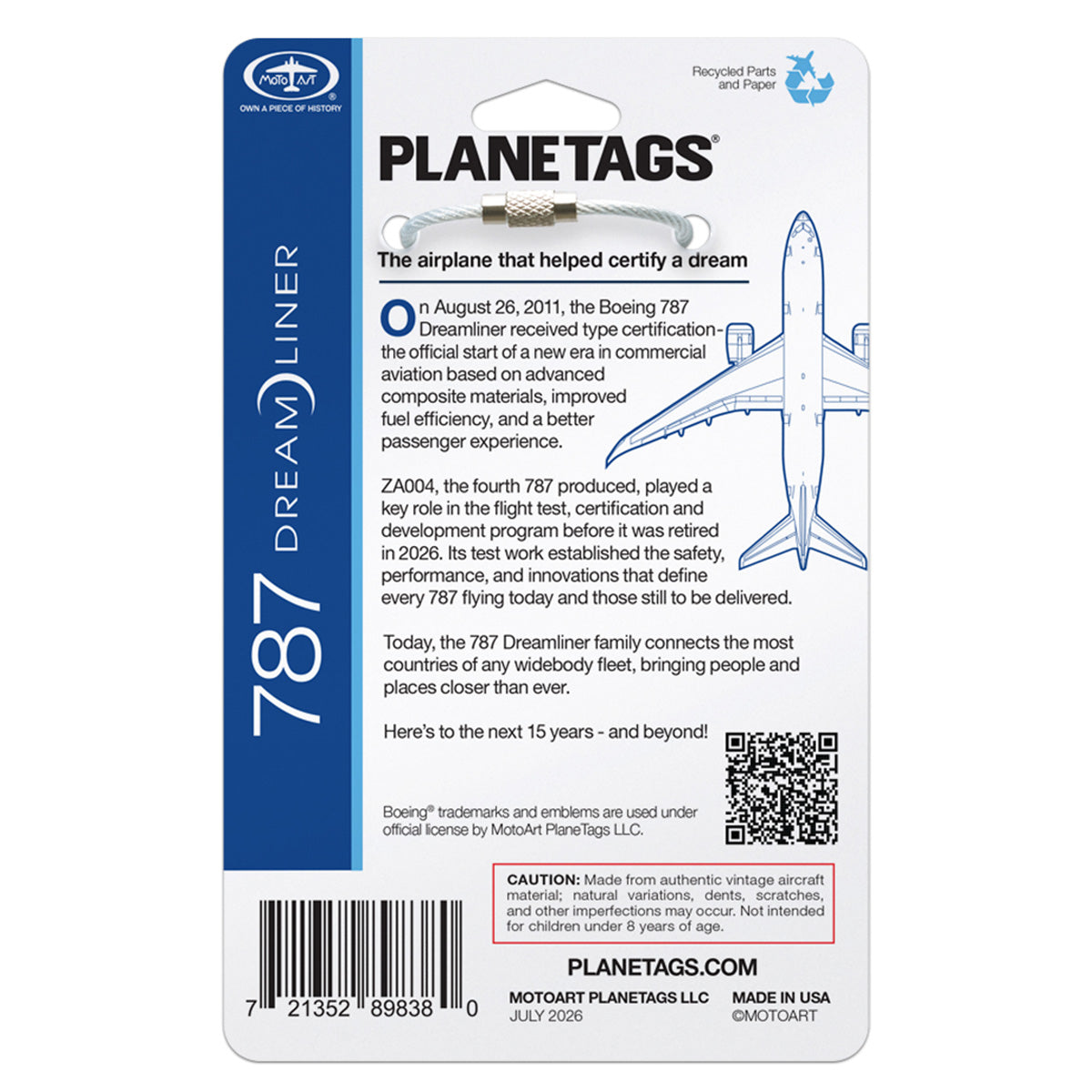 Back of a BOEING PlaneTags Boeing 787 Series luggage tag crafted from a genuine Boeing 787 Dreamliner; features aircraft information, barcode, safety warning, and text highlighting the Dreamliner’s certified advanced carbon-fiber composite construction and its industry significance.