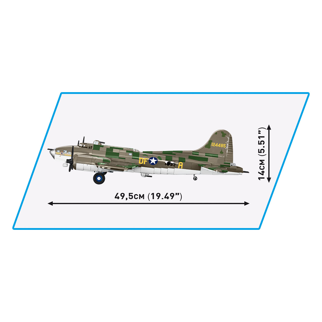 The Boeing Store COBI Memphis Belle Building Kit is a model of the iconic B-17 Flying Fortress, boasting green camouflage and a star emblem. Its 49.5 cm long and 14 cm high, with blue-bordered dimensions.