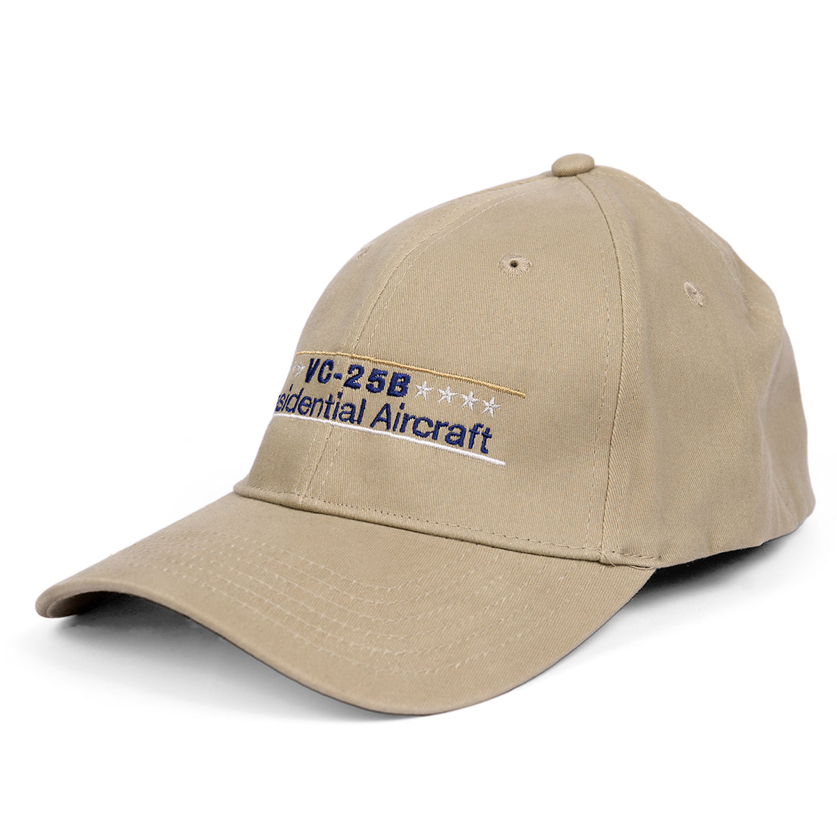 The Boeing VC-25B Hat by Boeing is khaki with embroidered blue text reading VC-25B Presidential Aircraft and five stars above, referencing Air Force One, shown on a white background.