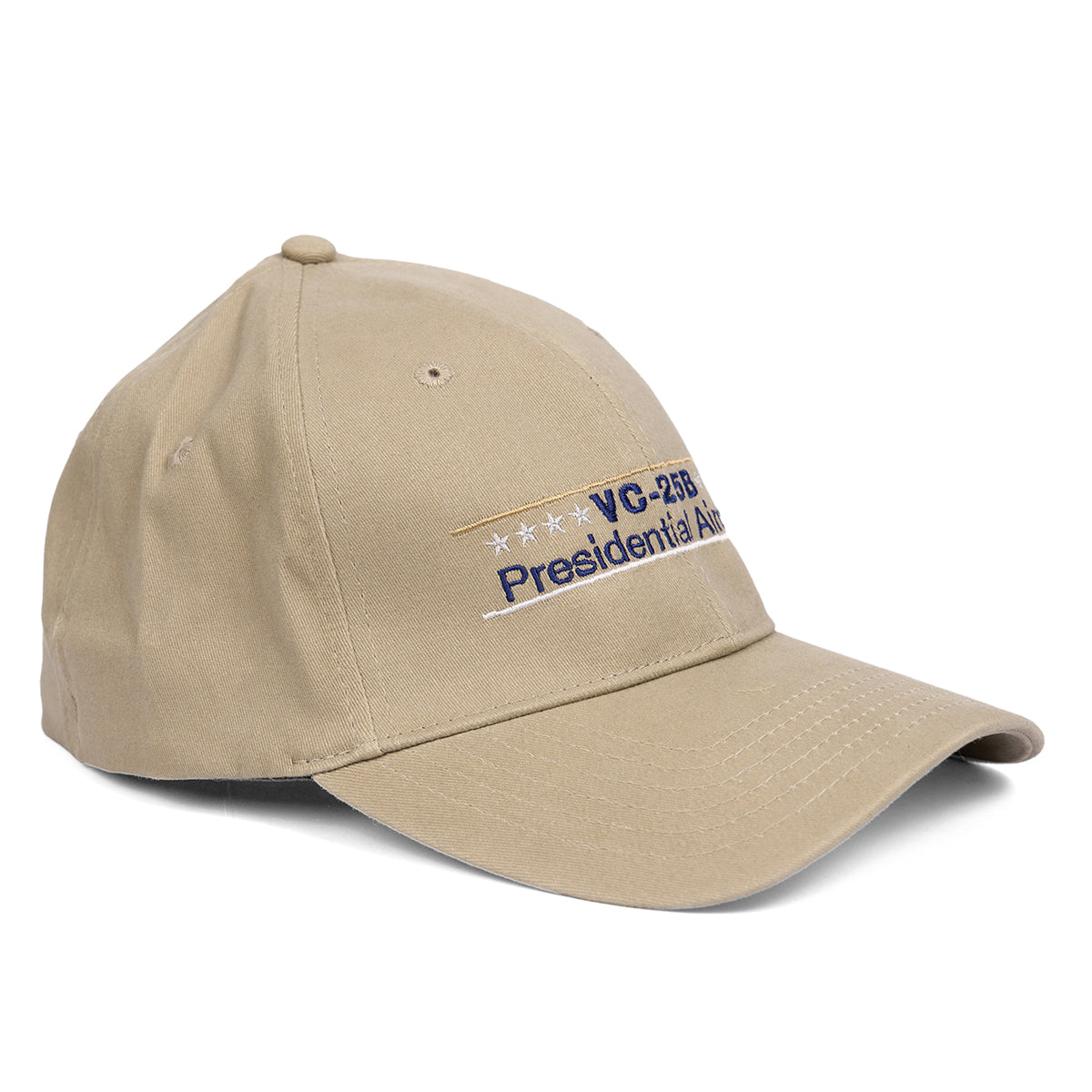 The Boeing VC-25B Hat by Boeing features a tan color, curved brim, and blue embroidered VC-25B Presidential Aircraft text with stars—an ideal Air Force One tribute, shown at an angle on a white background.