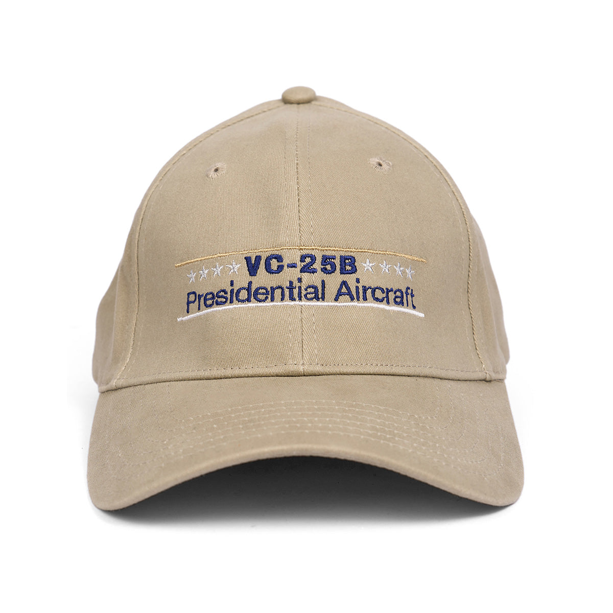 The Boeing VC-25B Hat by Boeing is a tan cap featuring blue and gold embroidered stars and the Presidential transport aircraft, celebrating Air Force One.