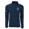 The Boeing St. Louis Fighterland Men’s Quarter-Zip by BOEING features a navy blue design with long sleeves, a standing collar, “BOEING” on the sleeve, and a white Fighterland U.S.A. logo on the chest—a stylish tribute to iconic aircraft like the F/A-18 Super Hornet and MQ-25 Stingray.